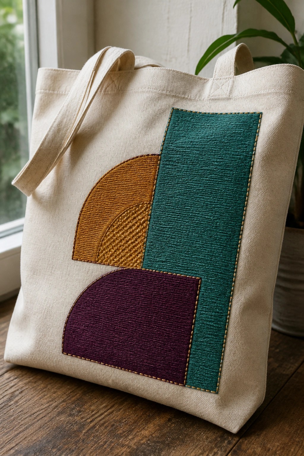 A natural canvas tote bag with a large teal rectangle and two curved shapes in orange and purple embroidered on the front.