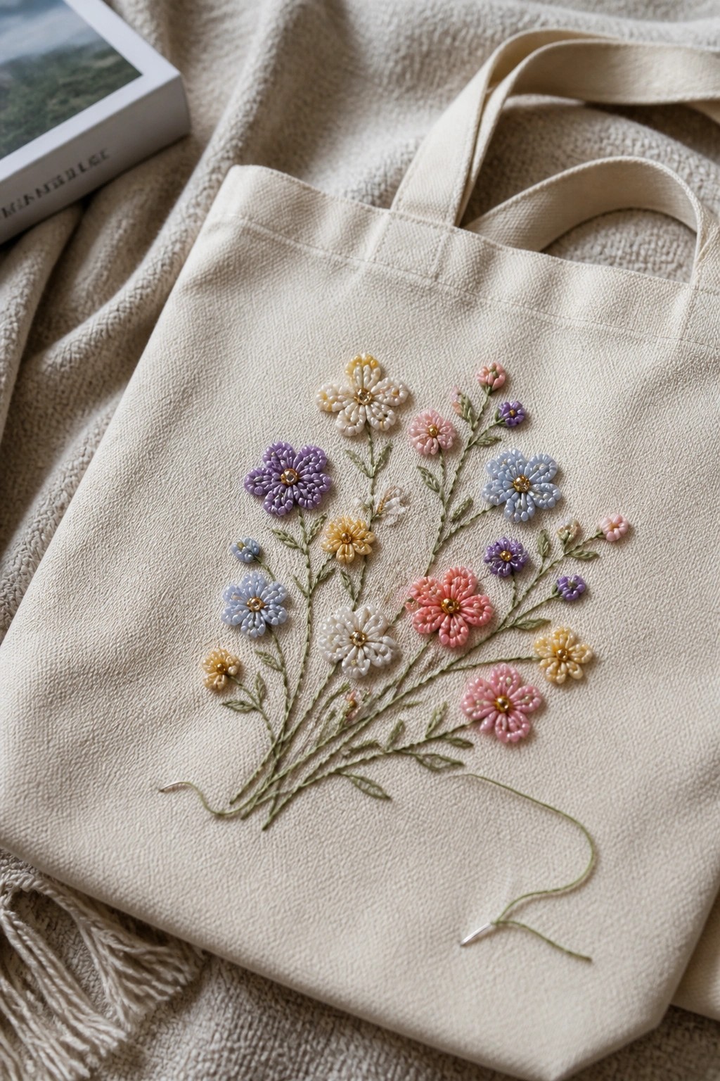 Beige canvas tote bag with scattered pastel beaded flowers and green embroidered stems, needle and thread visible at bottom.