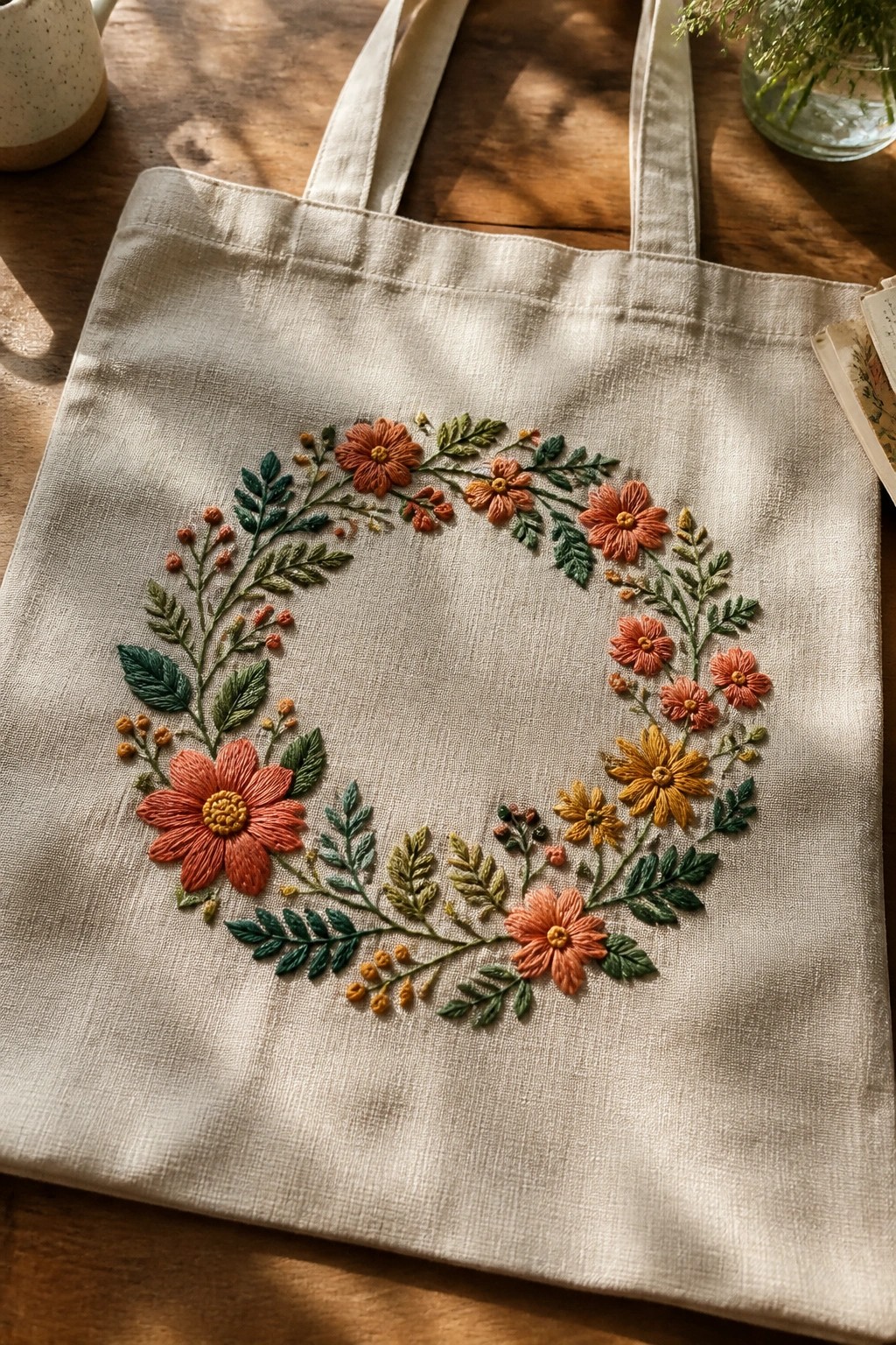 Beige canvas tote bag with colorful embroidered floral wreath on wooden table