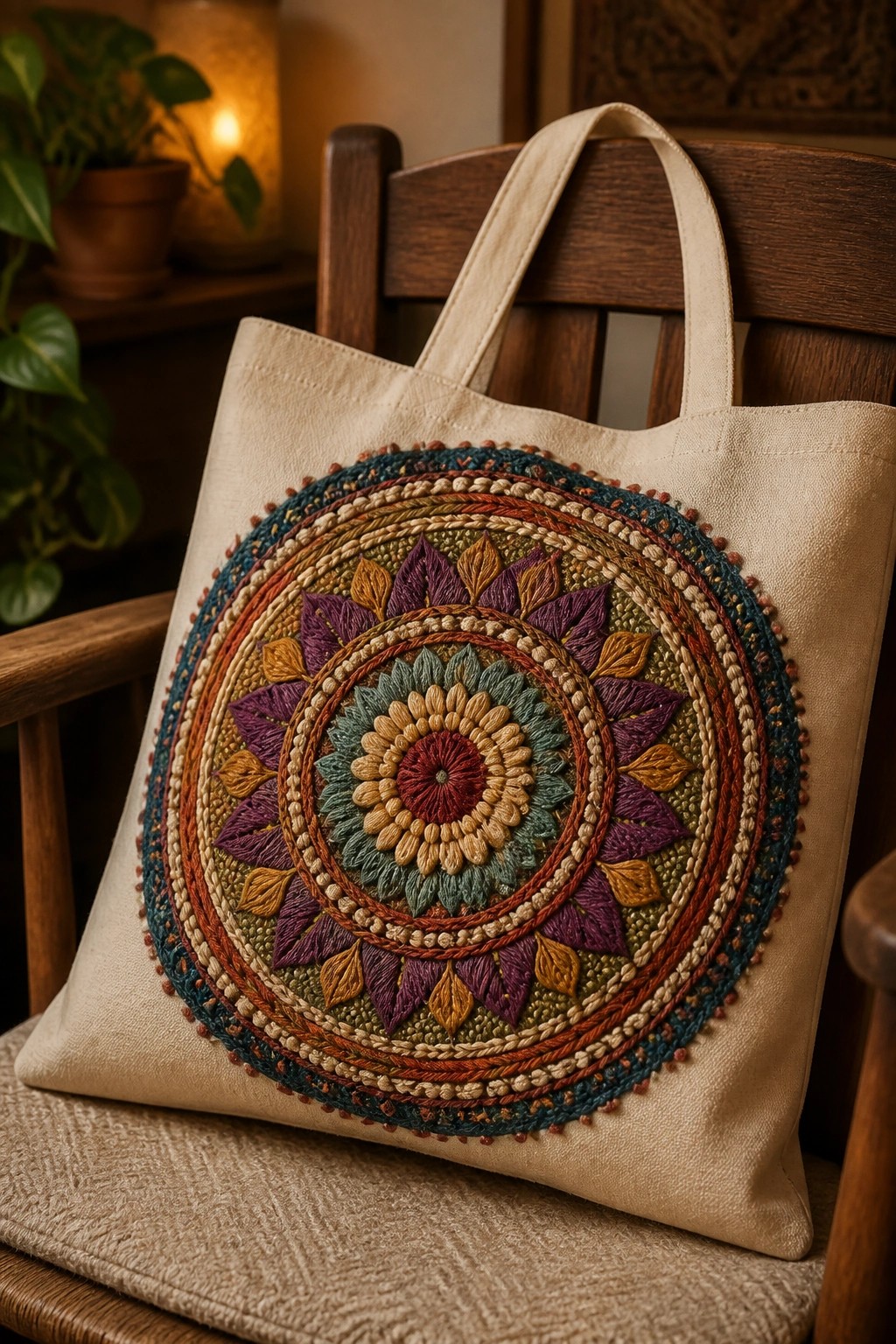 A beige canvas tote bag with a large multicolored circular embroidery design sits on a wooden chair.