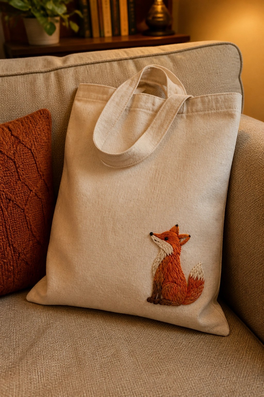 Beige tote bag with embroidered fox on couch beside orange knitted pillow.