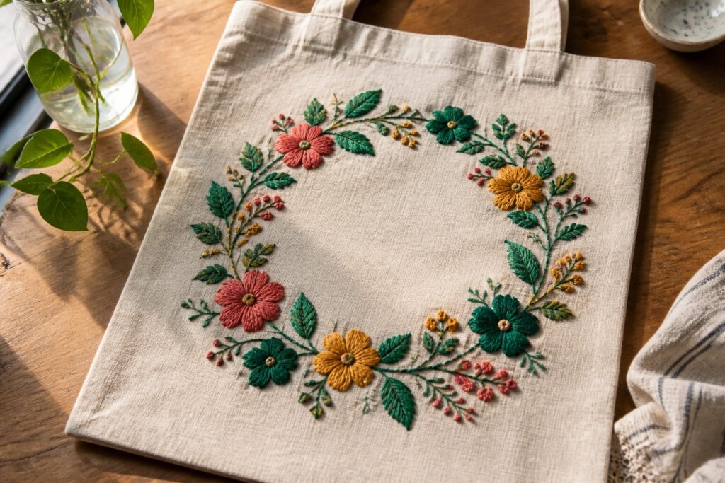25 Unique Tote Bag Embroidery Ideas Using Placement, Color, and Texture Beige canvas tote bag with colorful embroidered floral wreath on wooden table
