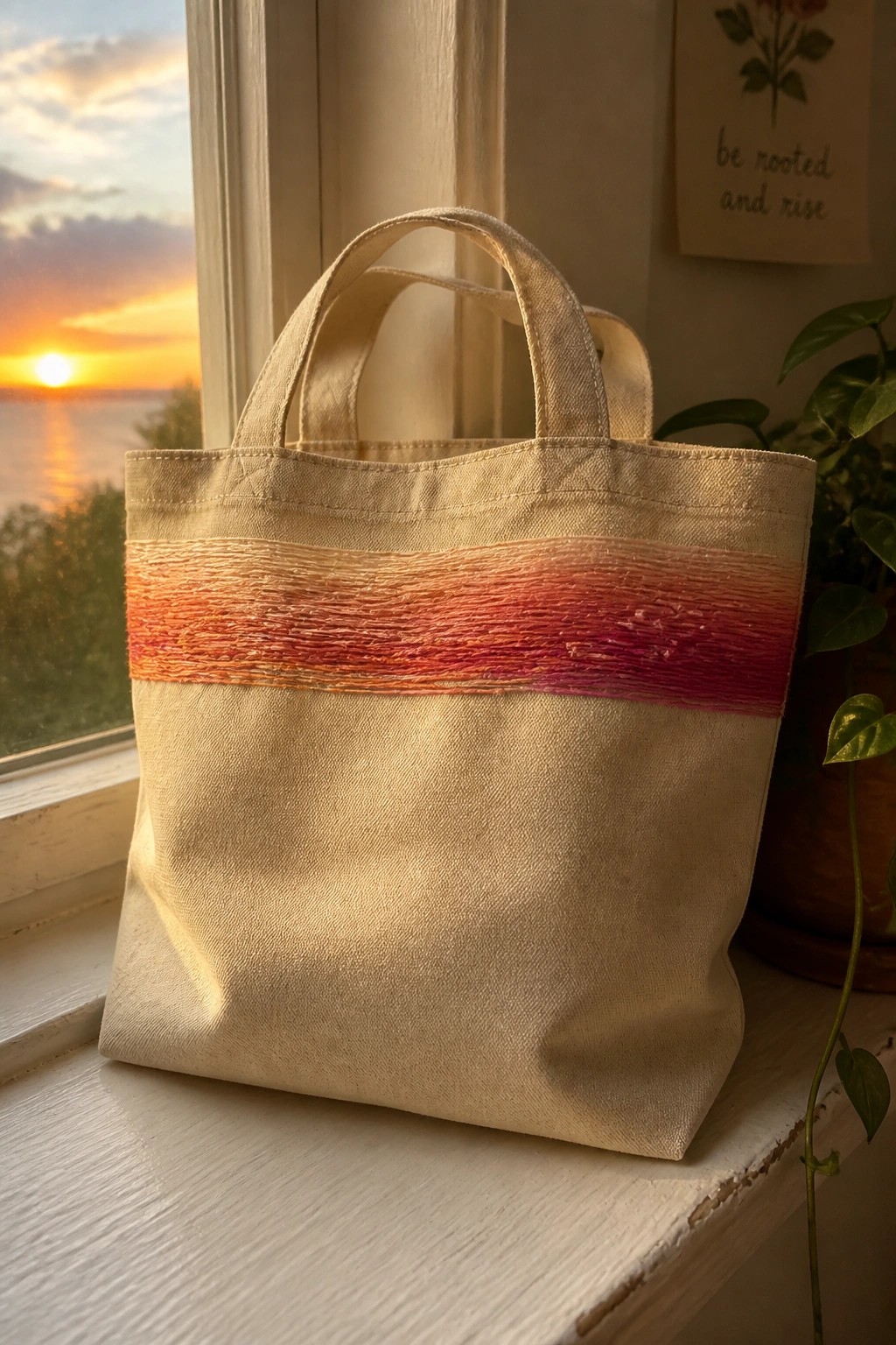 Beige canvas tote with orange-pink gradient embroidery on sunlit windowsill at sunset
