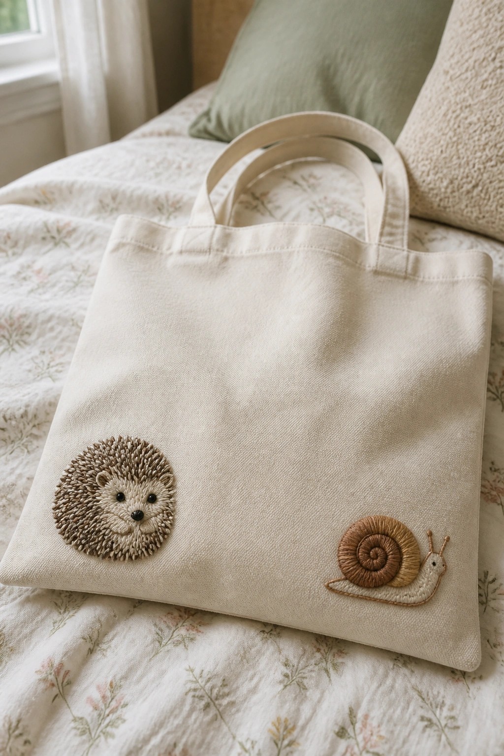 Beige tote bag with hedgehog and snail embroidery on floral bedding