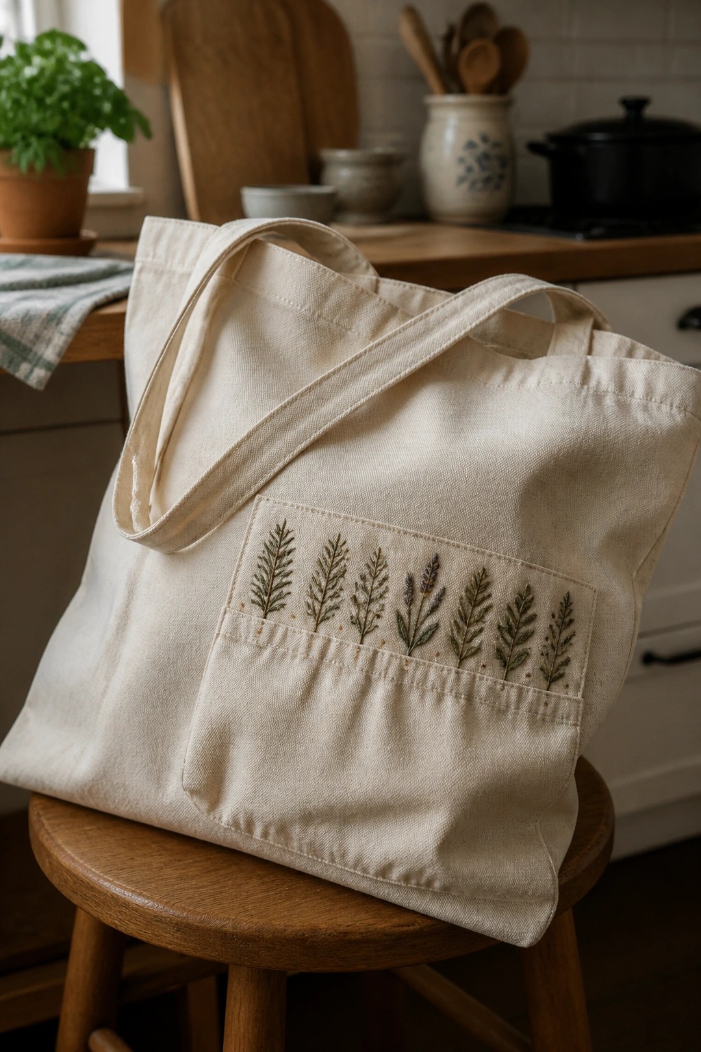 Beige canvas tote bag with embroidered herbs on pocket atop wooden stool.