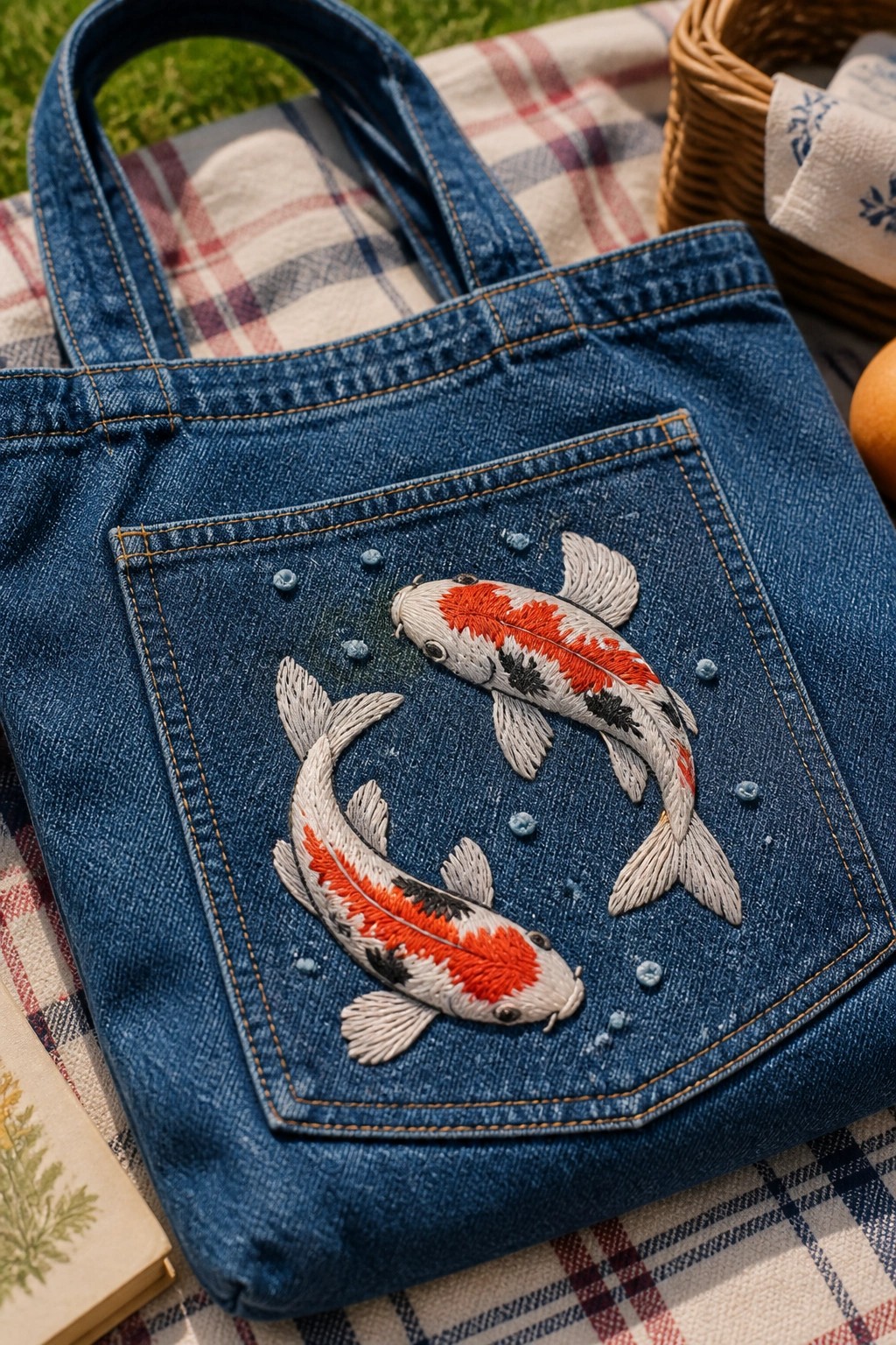 A blue denim tote bag with two embroidered koi fish on the front pocket, placed on a picnic blanket.