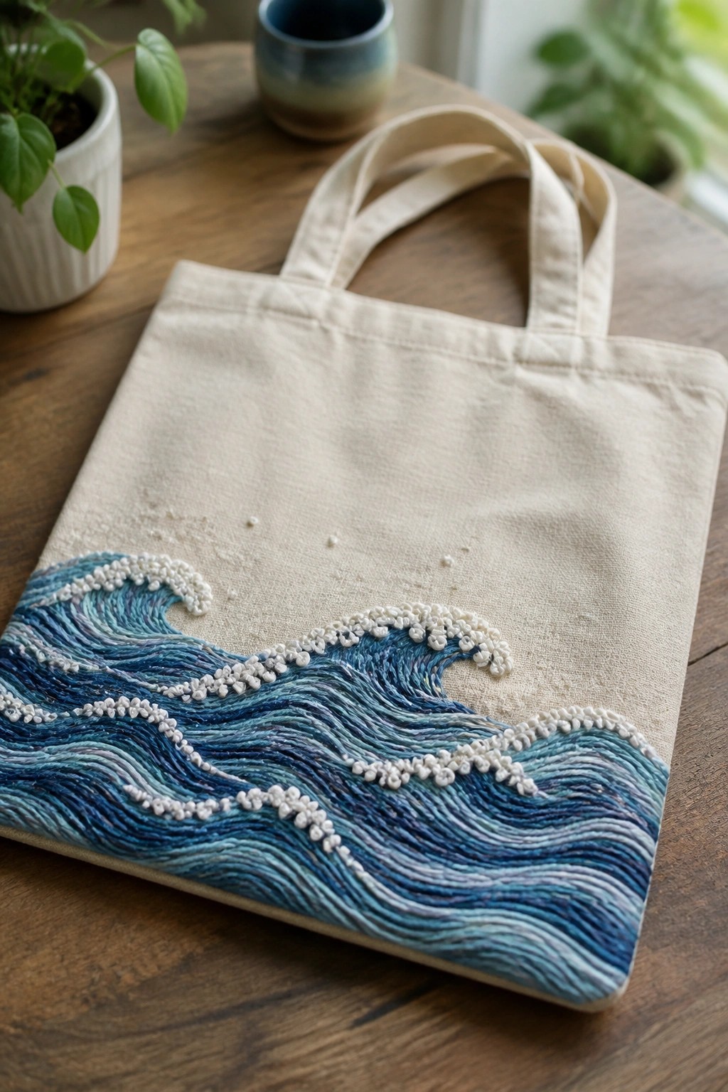 Beige canvas tote bag with blue and white embroidered waves on wooden table