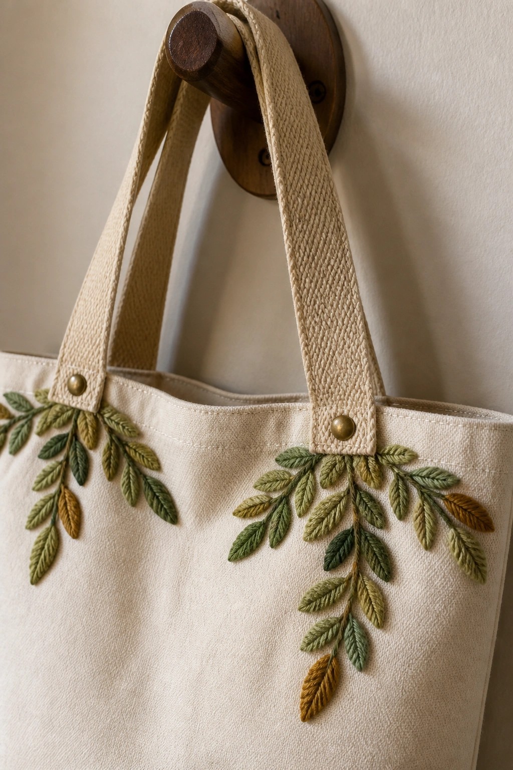 A beige canvas tote bag with green and brown embroidered leaf branches near the top hangs from a wooden hook.