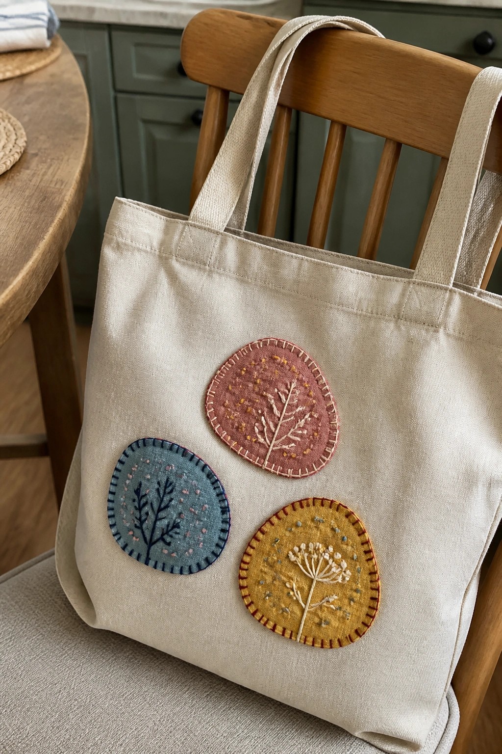 A canvas tote bag with three embroidered fabric patches in blue, pink, and yellow showing plant designs.