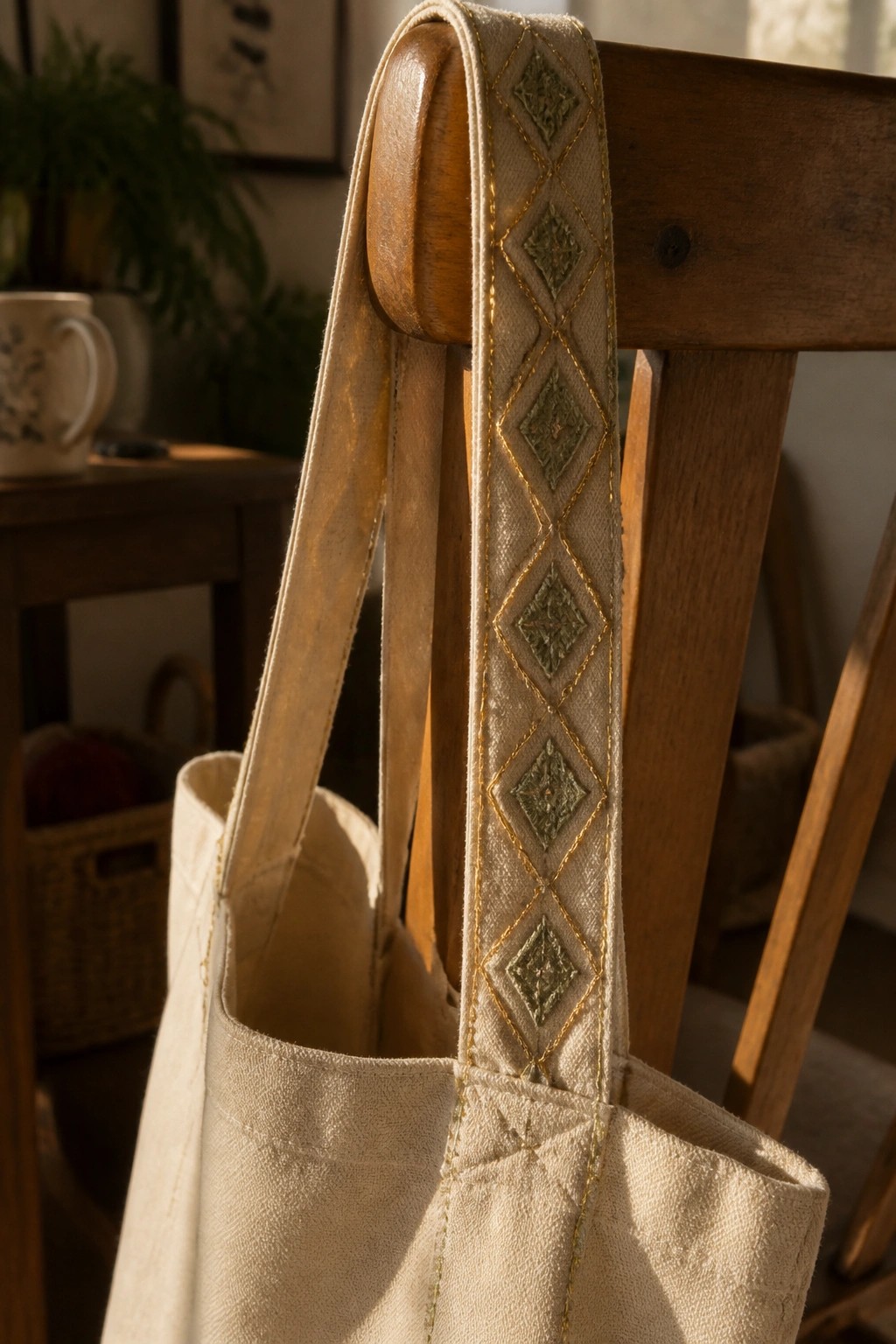 Beige canvas tote with green-gold diamond embroidery on strap over wooden chair