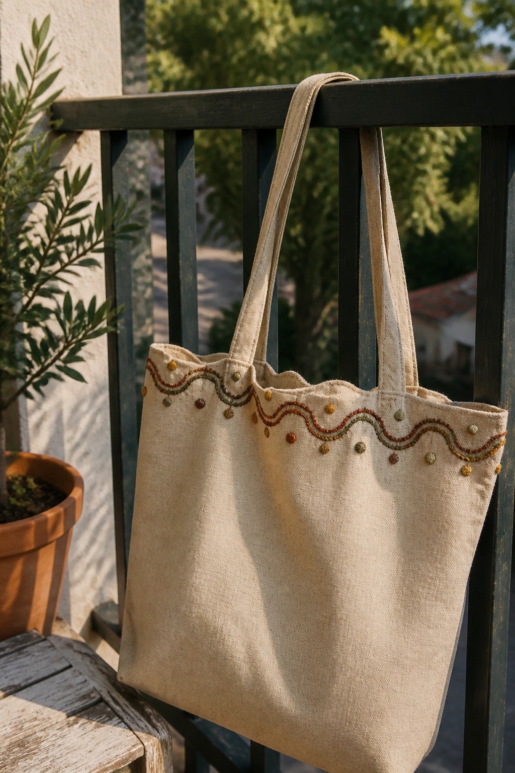 A beige canvas tote bag with a wavy embroidered border and small colored dots along the top edge hanging on a dark railing.