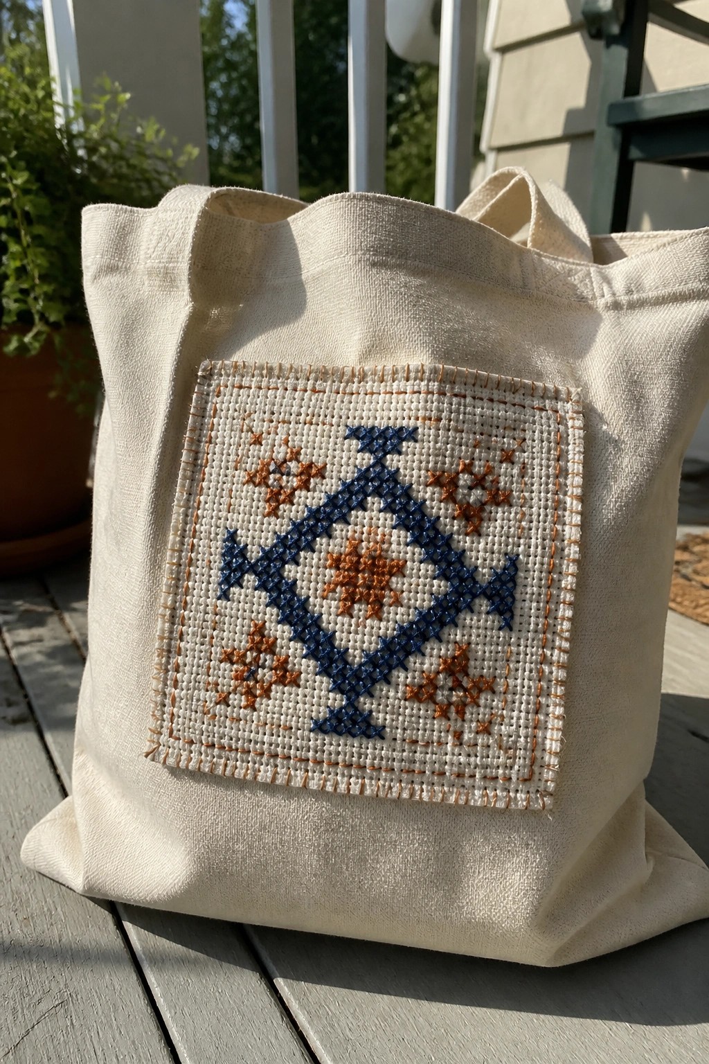 Canvas tote bag with blue and orange cross-stitched diamond and star pattern on porch.