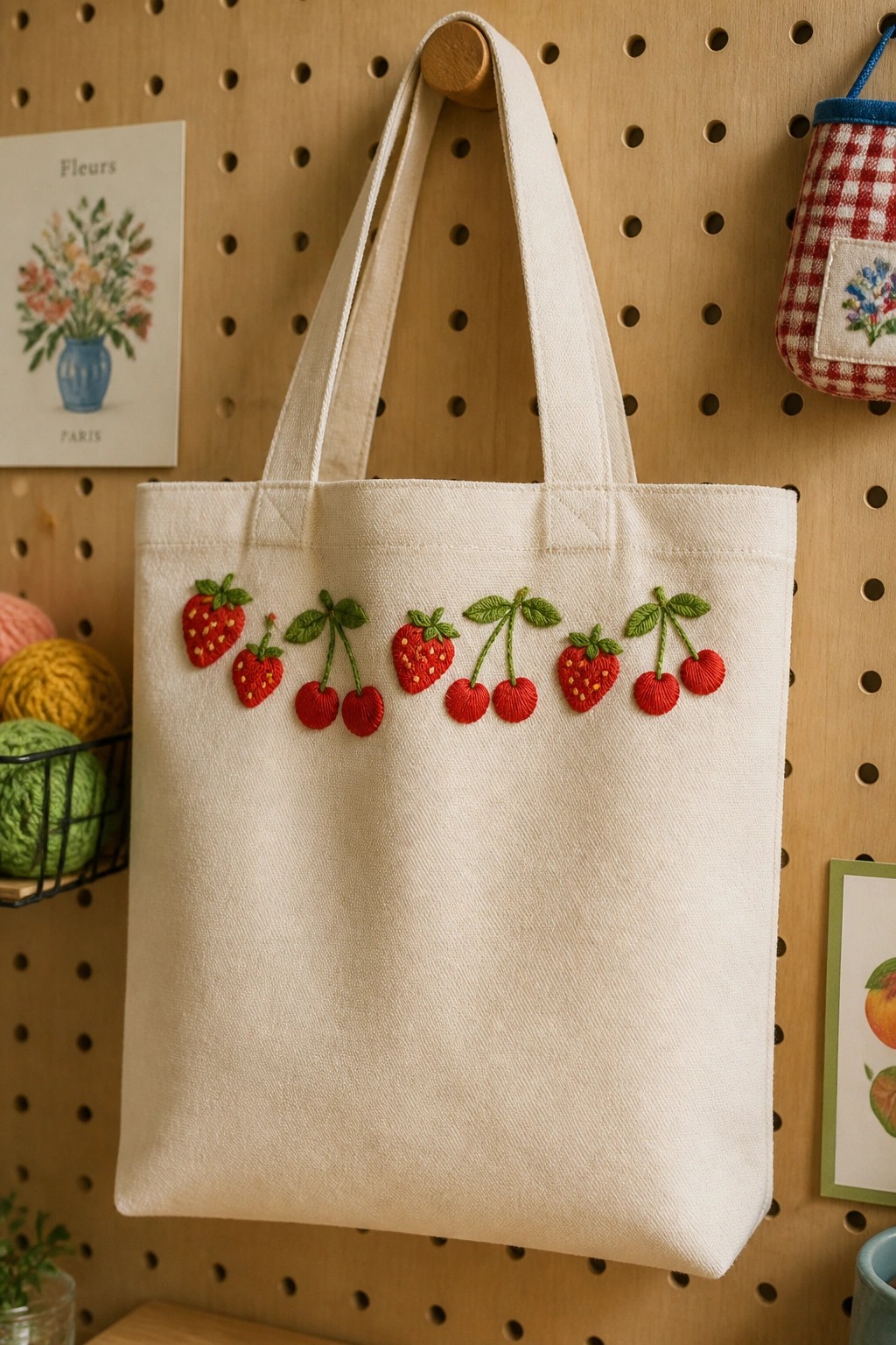 White canvas tote bag with strawberry and cherry embroidery hanging on pegboard