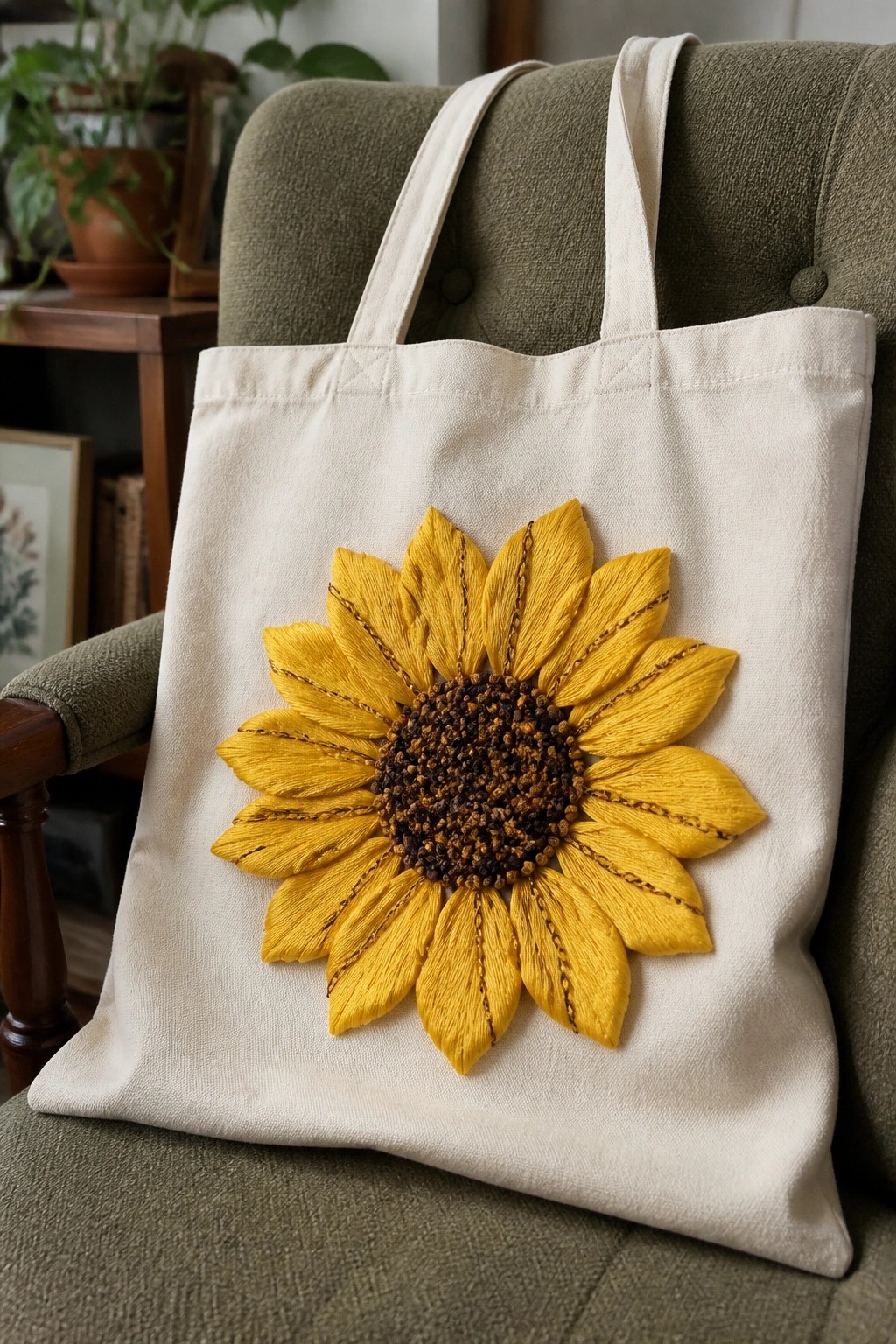 Cream canvas tote bag with large yellow embroidered sunflower on green chair