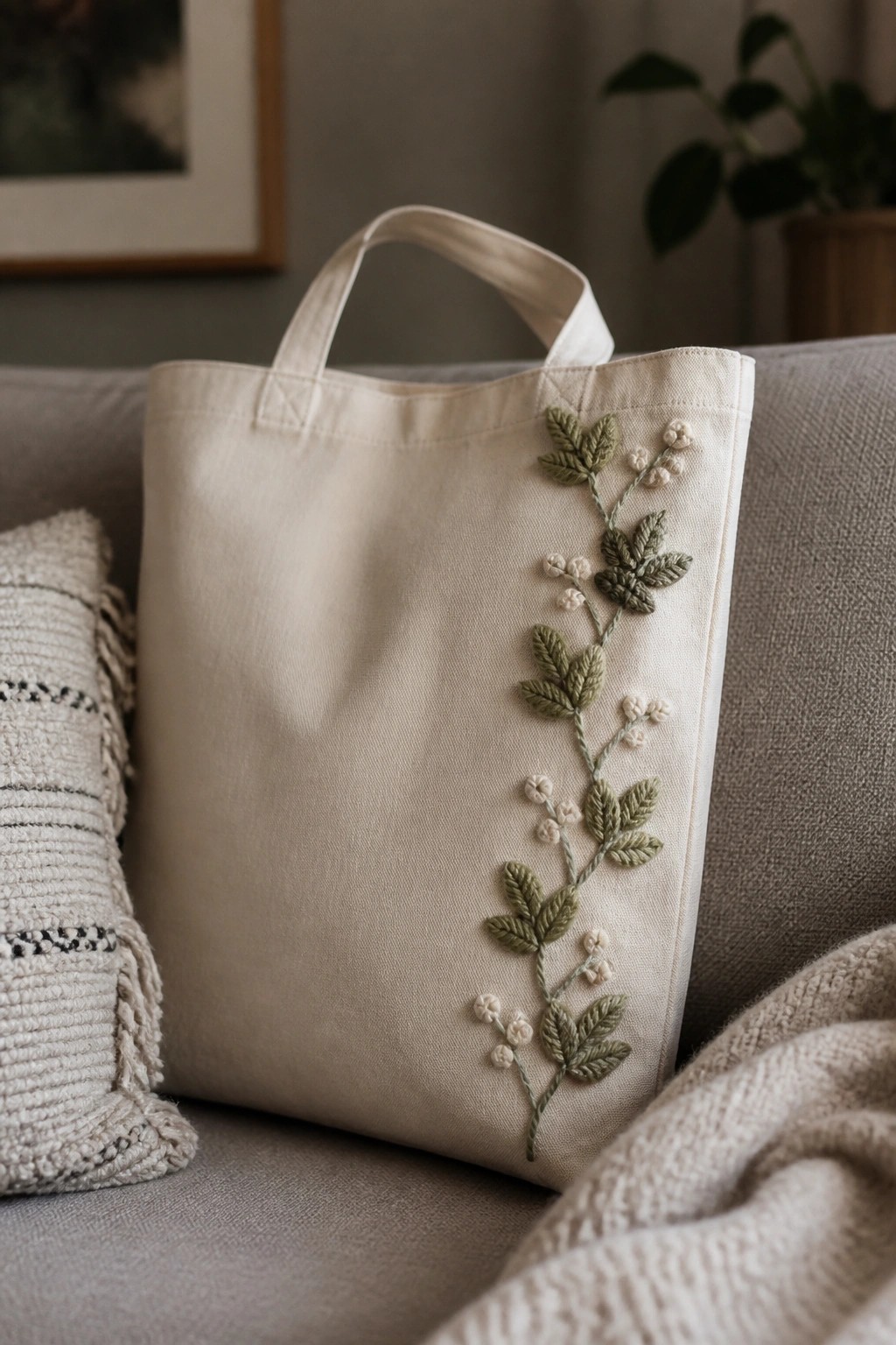 Cream tote bag with a vertical green embroidered vine of leaves and small clusters on the side, resting on a gray couch.
