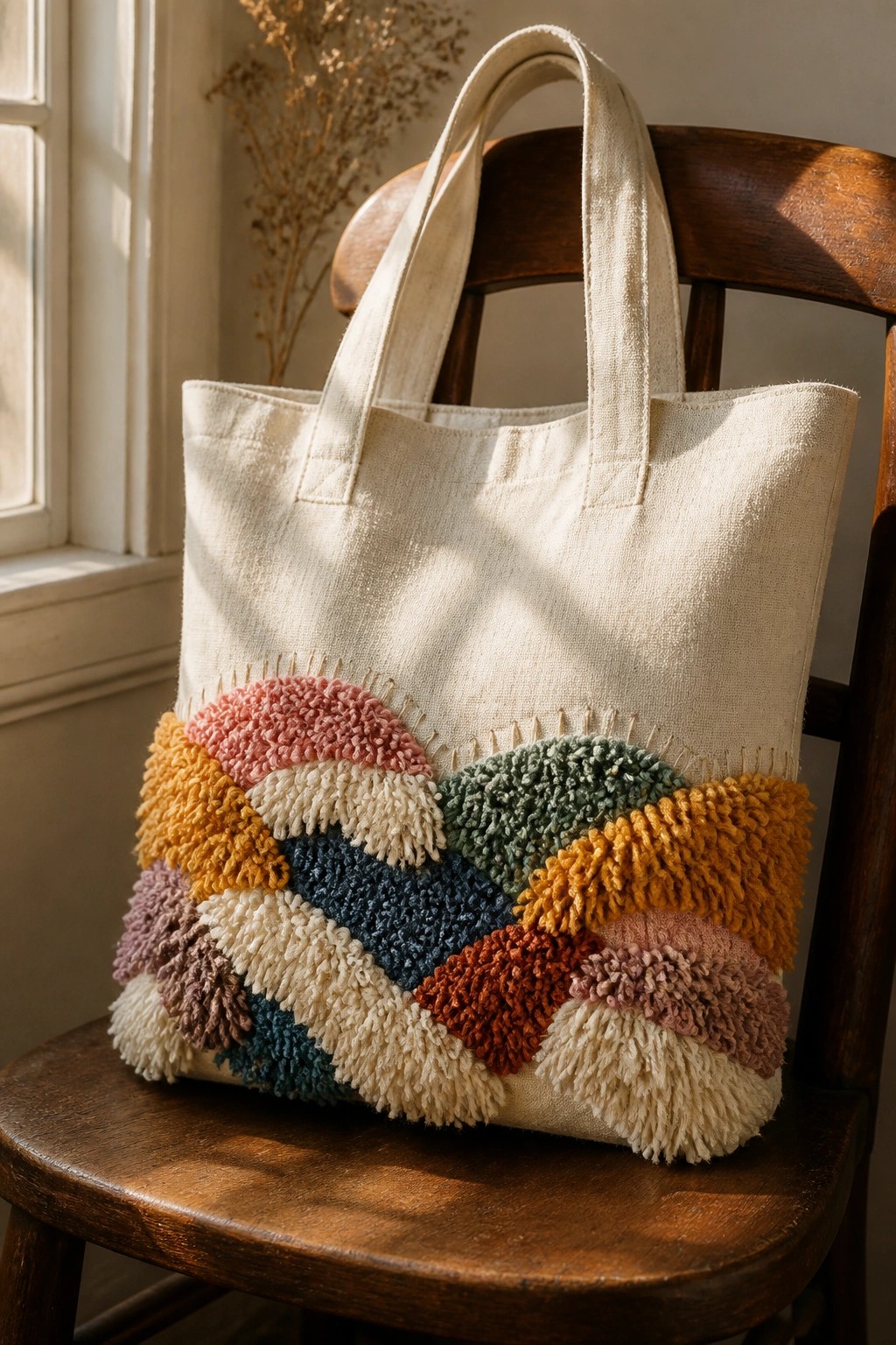 Cream canvas tote with colorful tufted waves on wooden chair in sunlight.