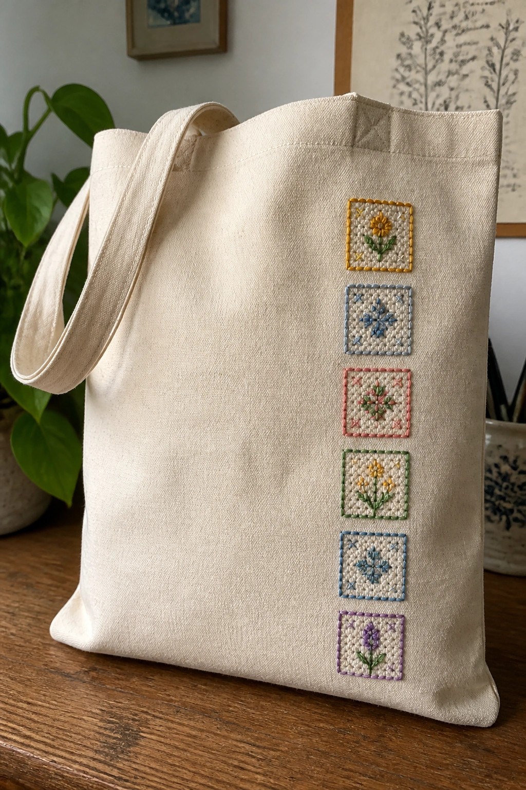 Canvas tote bag with six small embroidered squares in different colors arranged in a vertical column on one side.