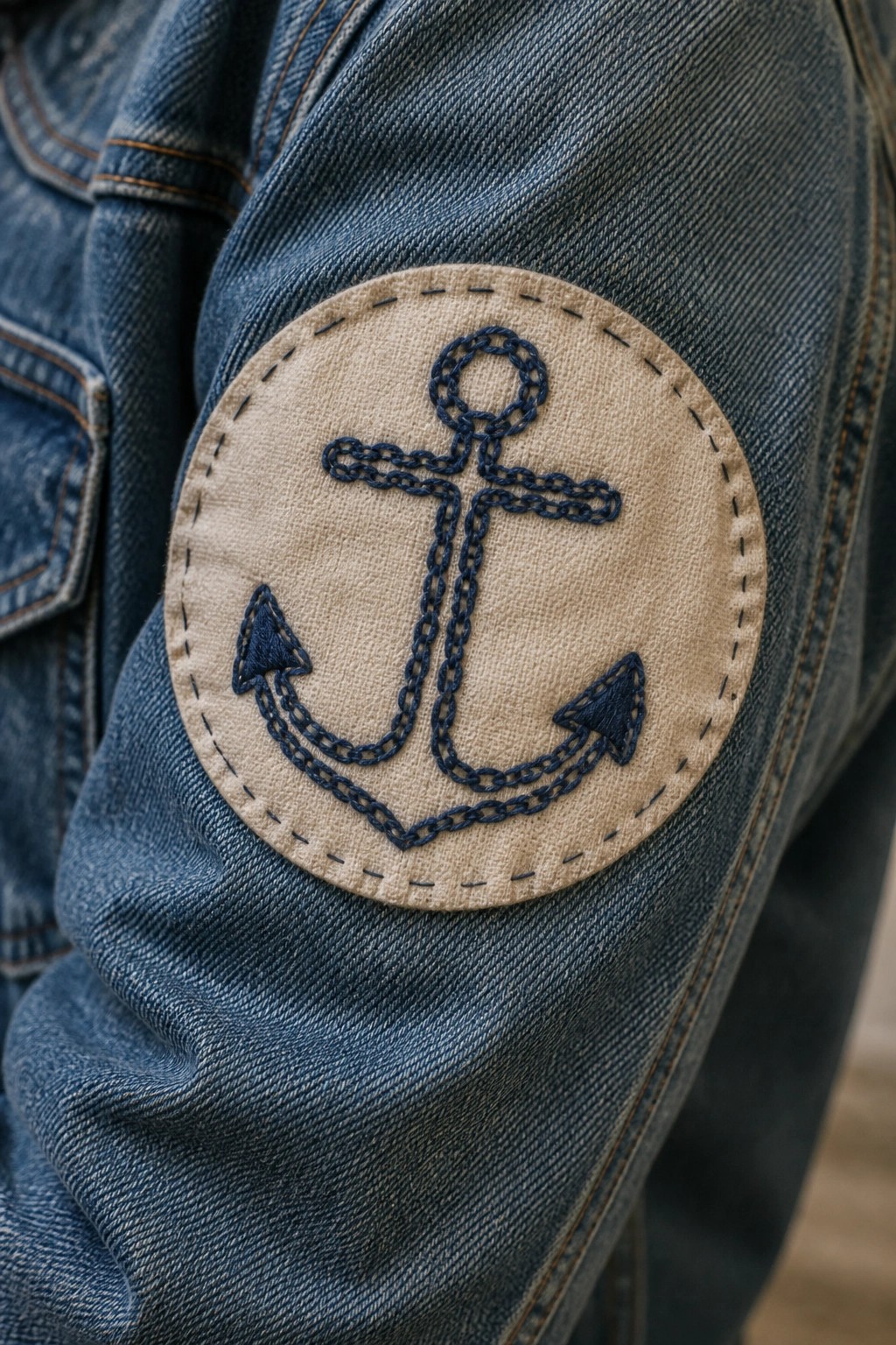 Blue denim sleeve with beige circular patch embroidered with blue anchor and chain
