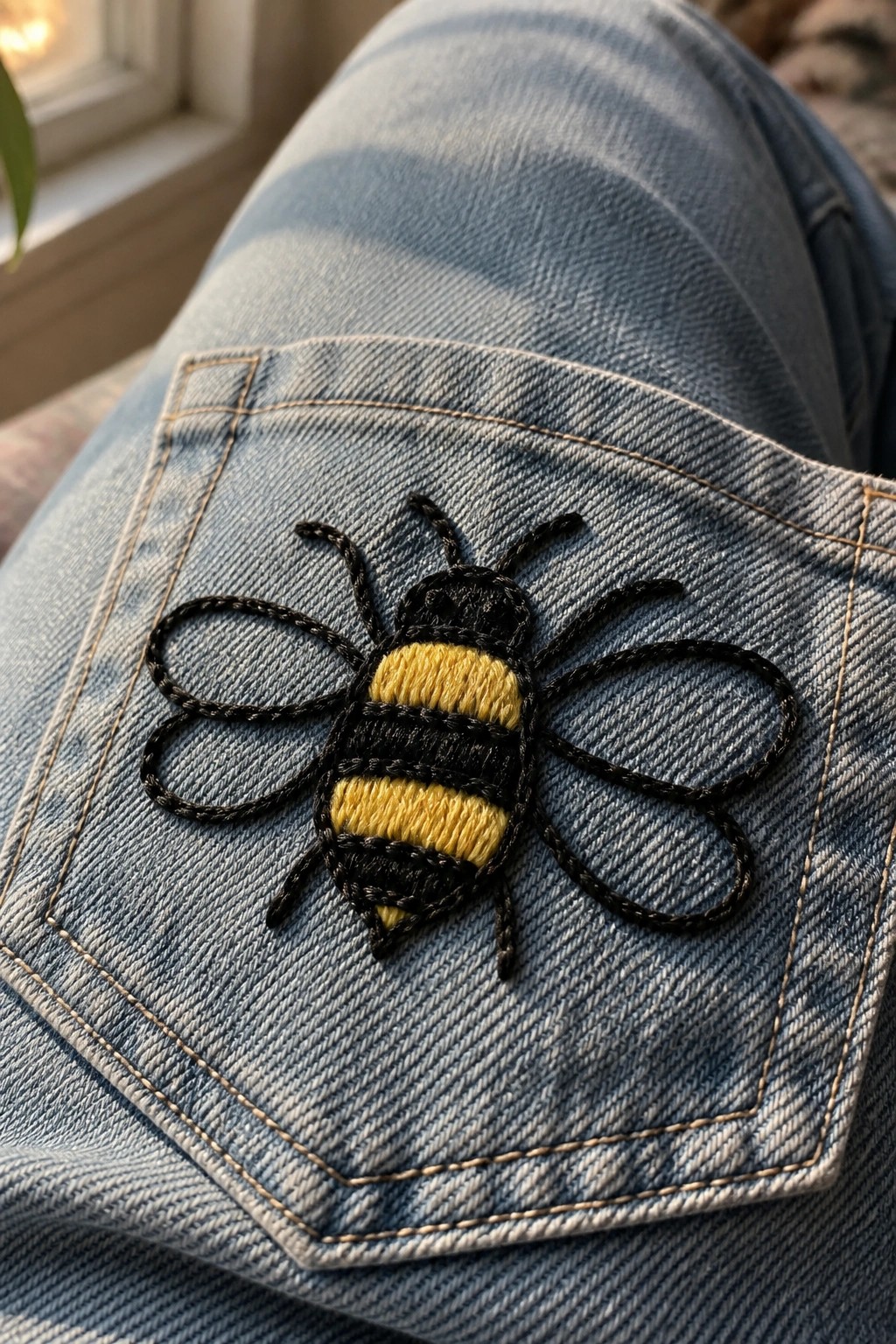 A bee embroidered with black and yellow thread on the back pocket of blue jeans.