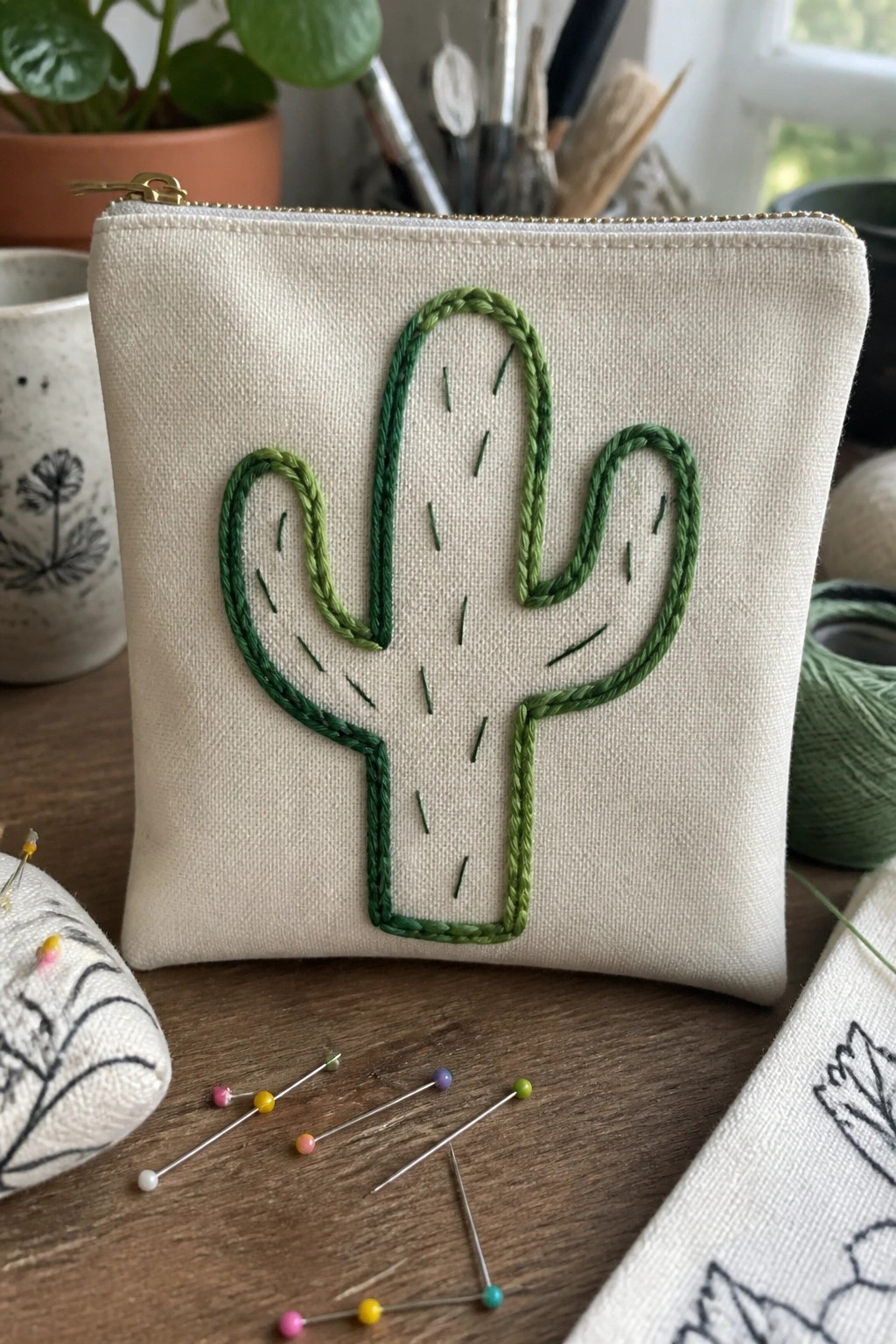 Cream zippered pouch with a green cactus embroidered on the front in chain stitch outline and dashed inner stitches.