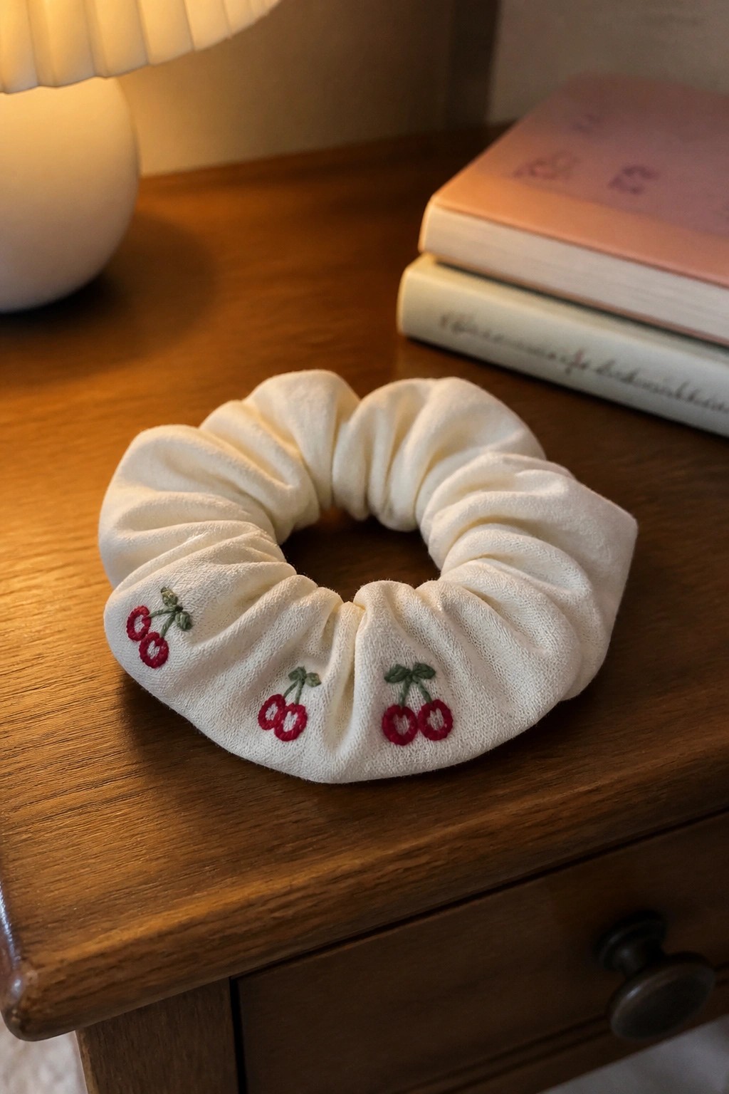 White scrunchie with red cherry embroidery on wooden nightstand beside books