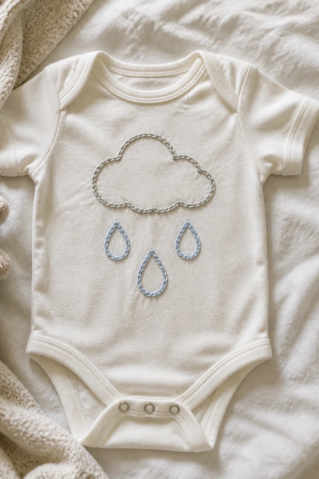 A white baby onesie with a chain stitched cloud and three raindrops embroidered on the front.