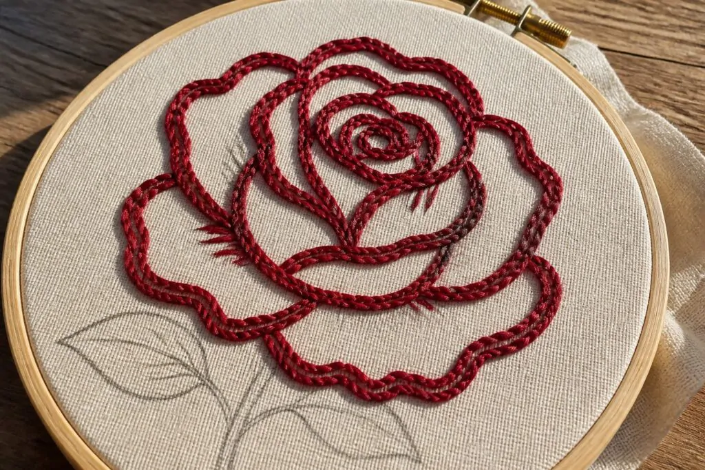 17 Classic Easy Chain Stitch Embroidery Ideas for Bold Outlines Red chain stitch rose with stem and leaves inside a wooden embroidery hoop on white fabric.