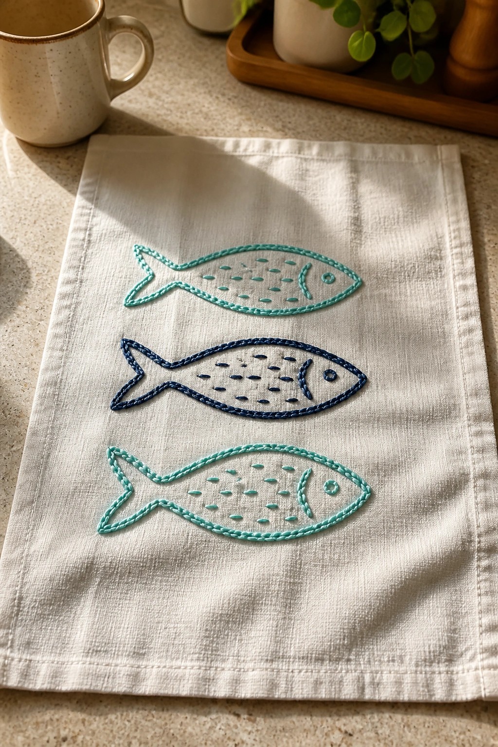 White napkin embroidered with three blue and turquoise fish on kitchen counter