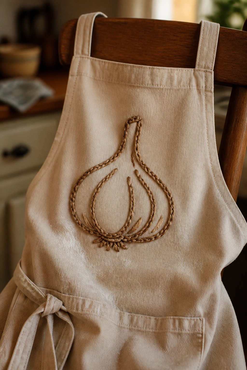 Beige apron with a brown chain-stitched garlic bulb centered on the bib, tied at the waist and hanging on a wooden chair.