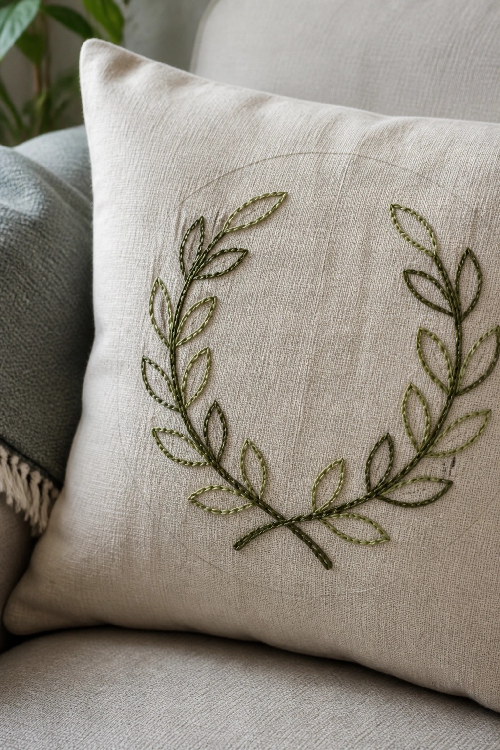 Beige linen pillow with green embroidered laurel wreath on a couch.