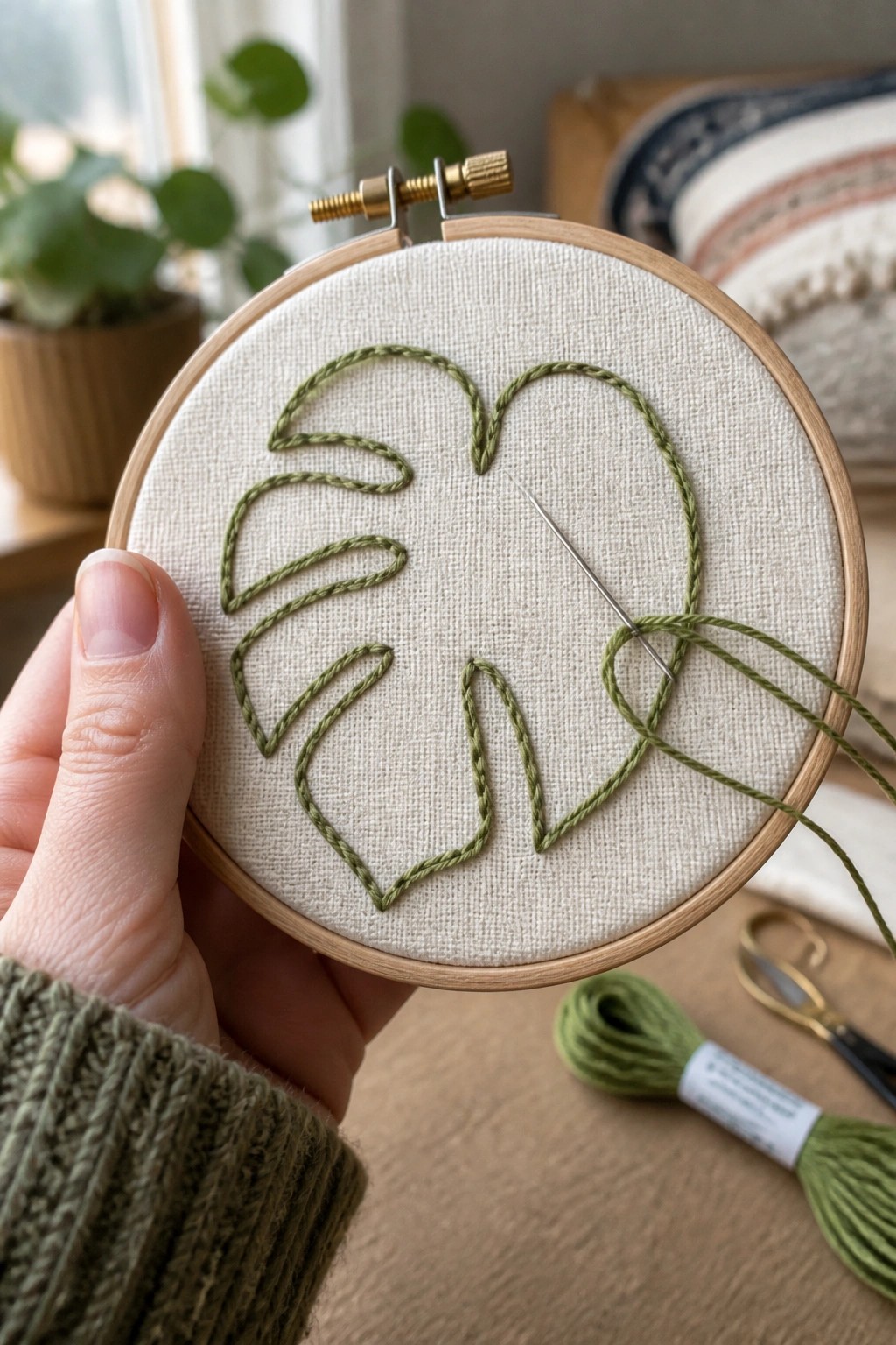 Hand in green sweater holds hoop with partial green monstera leaf embroidery and needle
