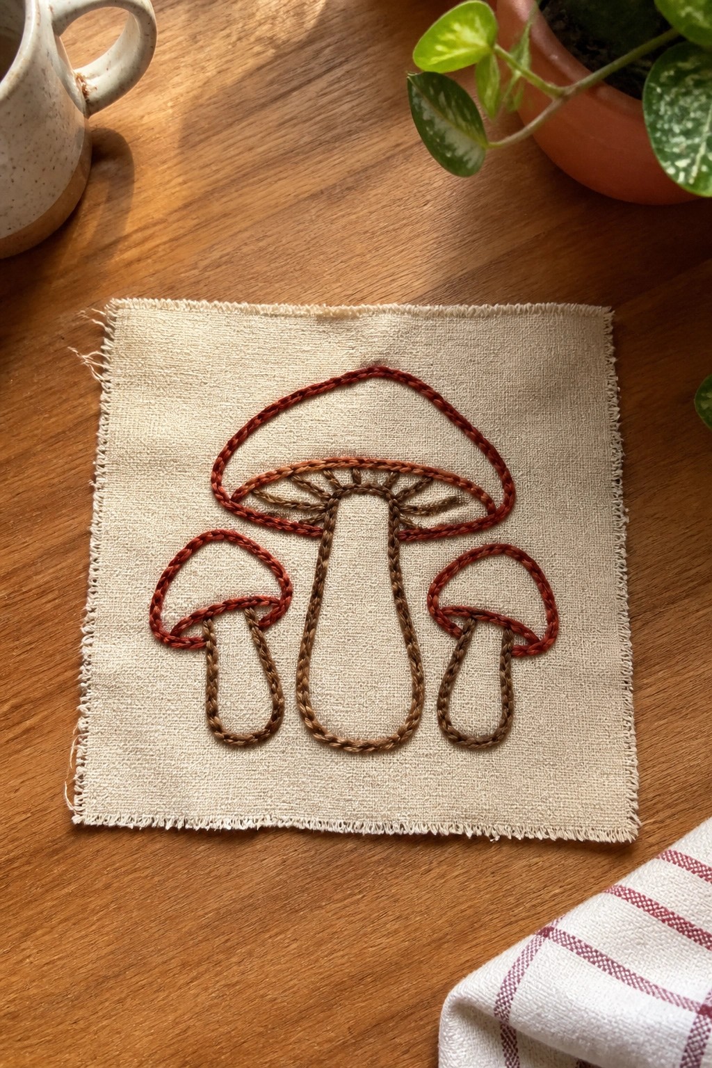 Embroidered mushrooms on beige fabric beside mug and potted plant on wooden table.