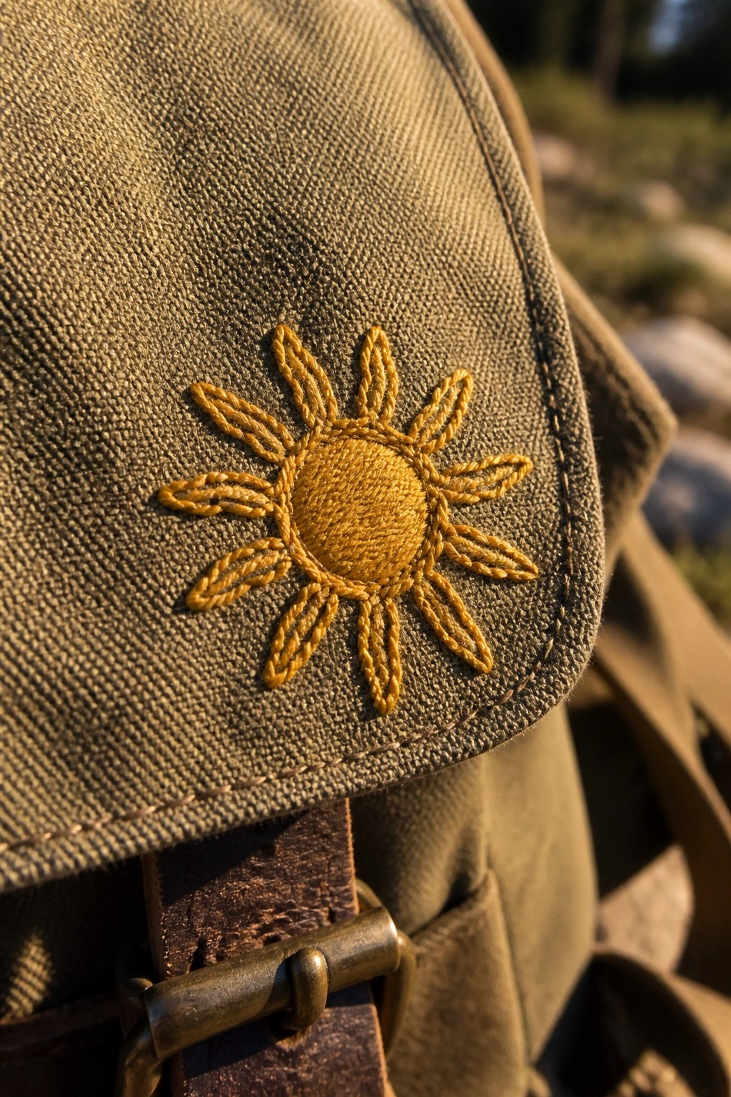 Yellow sun embroidery on olive canvas bag with brown leather strap.