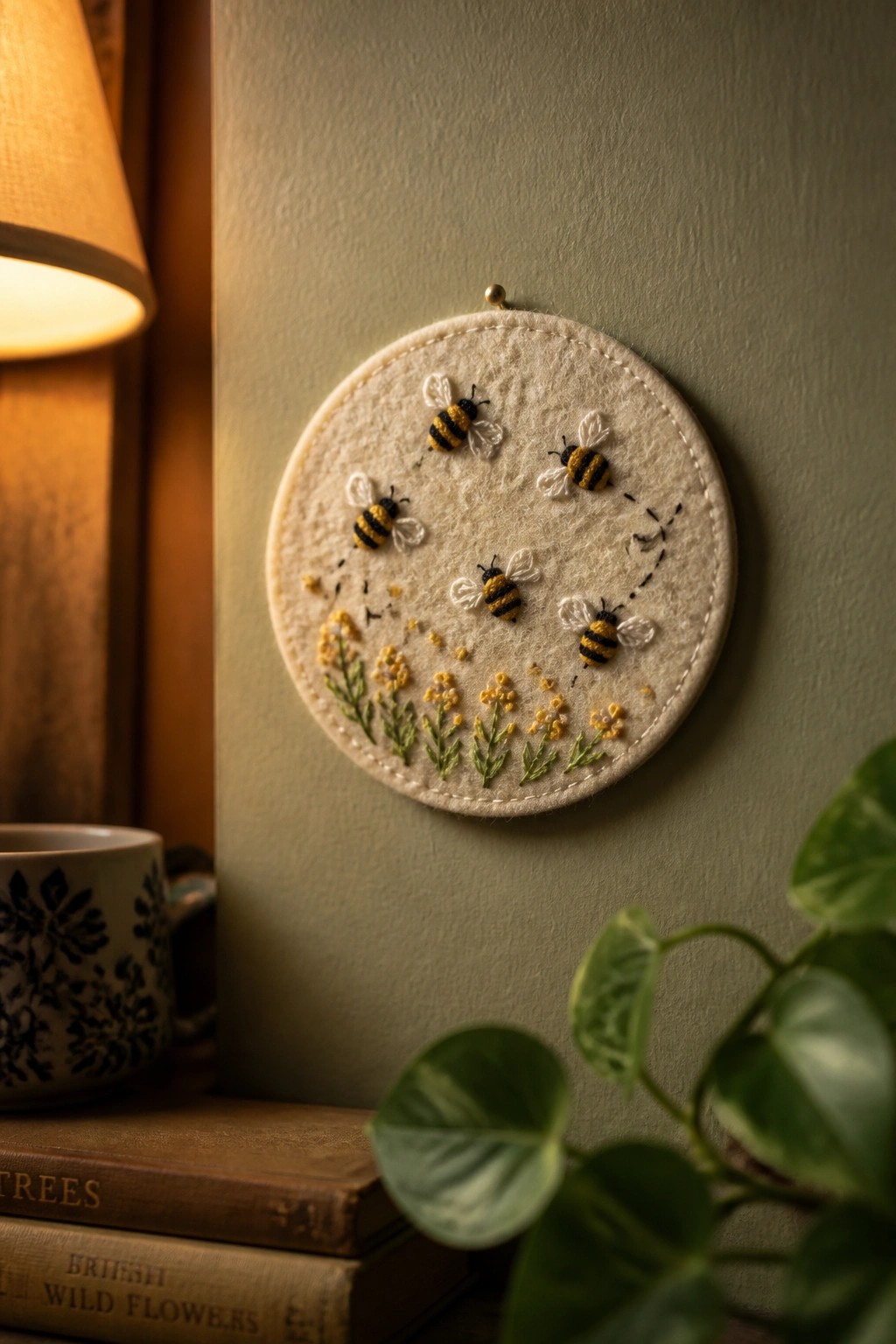Circular light felt piece with embroidered bees, dashed lines, and yellow flowers hanging on a wall.
