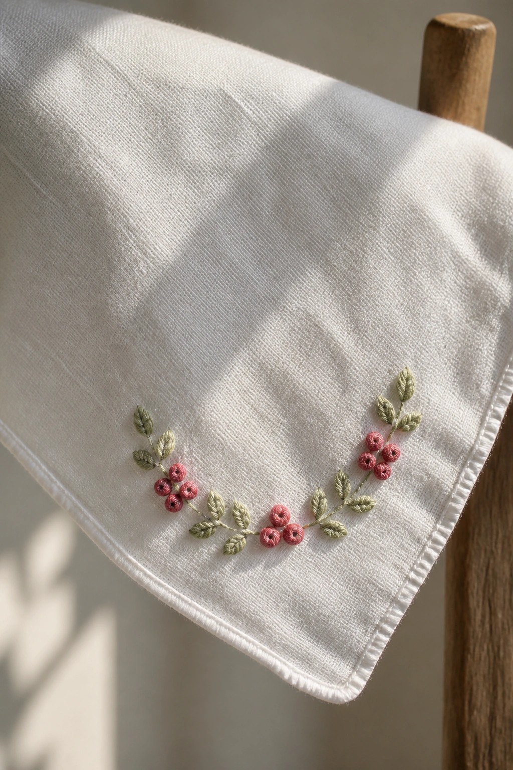 White linen cloth embroidered with pink berries and green leaves on wooden support