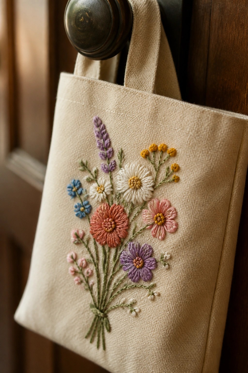 Beige canvas tote bag with vibrant floral embroidery hanging from doorknob.