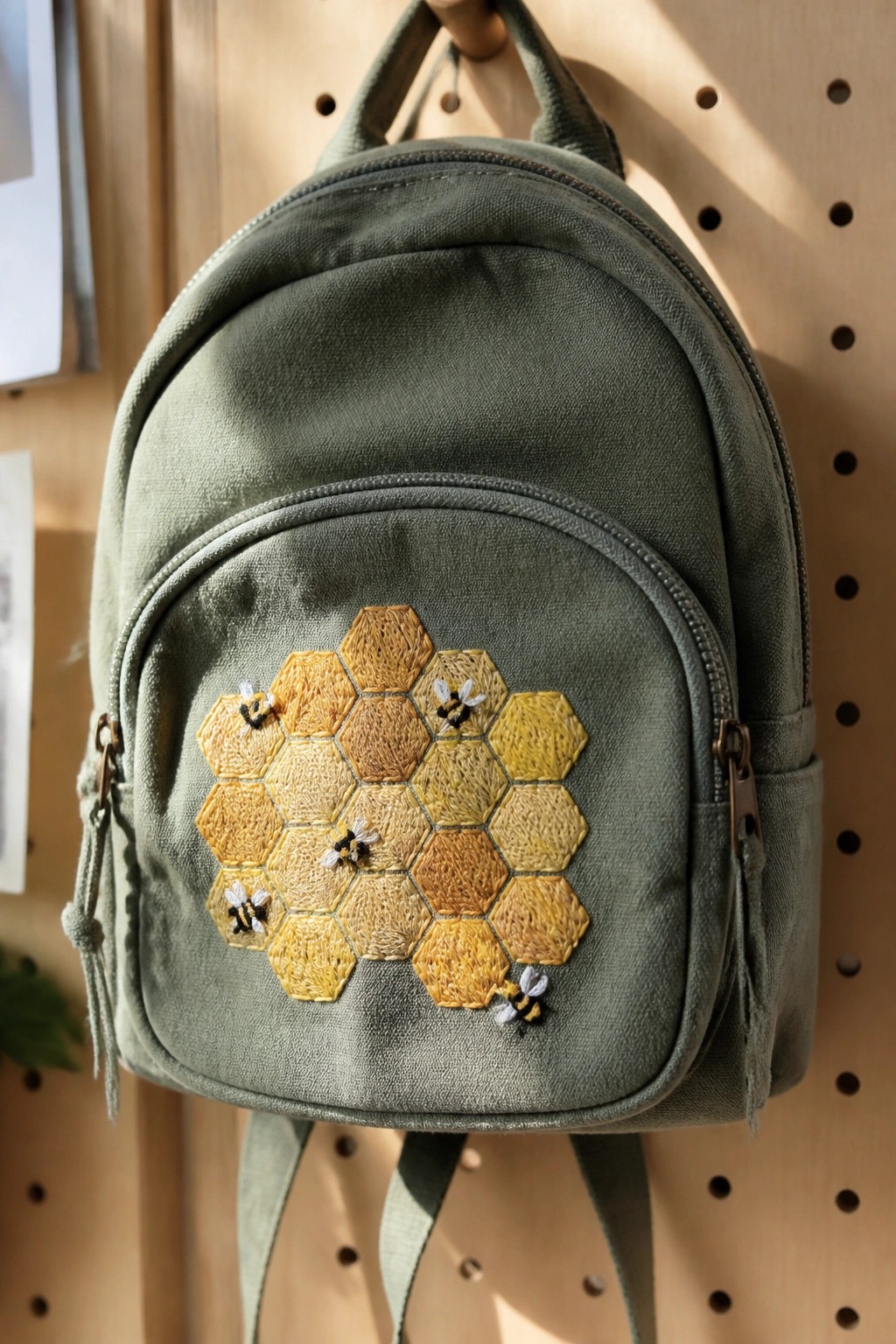 Olive green canvas backpack with embroidered honeycomb and bees on wooden pegboard.