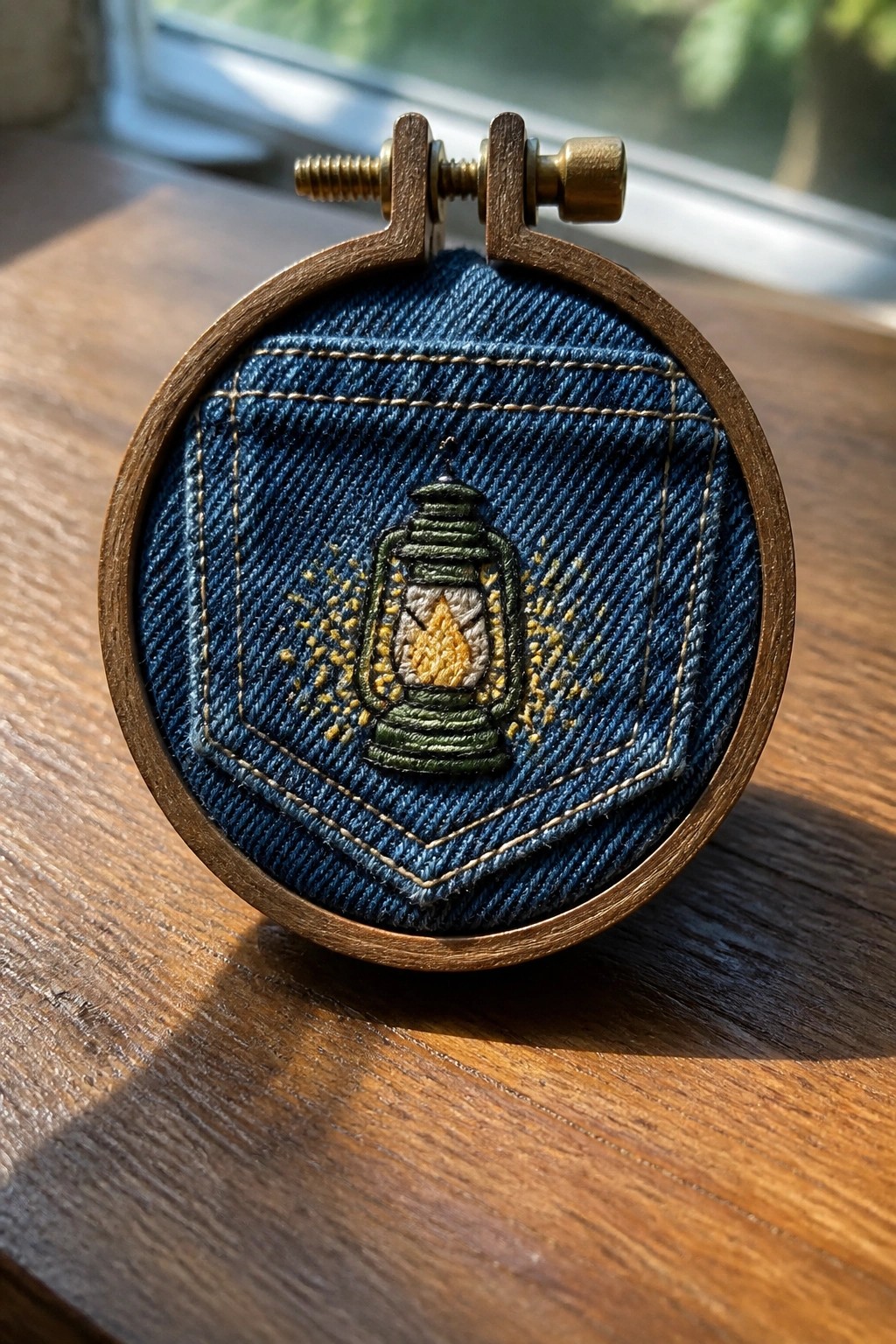 Wooden hoop holding blue denim with embroidered green lantern and yellow sparks