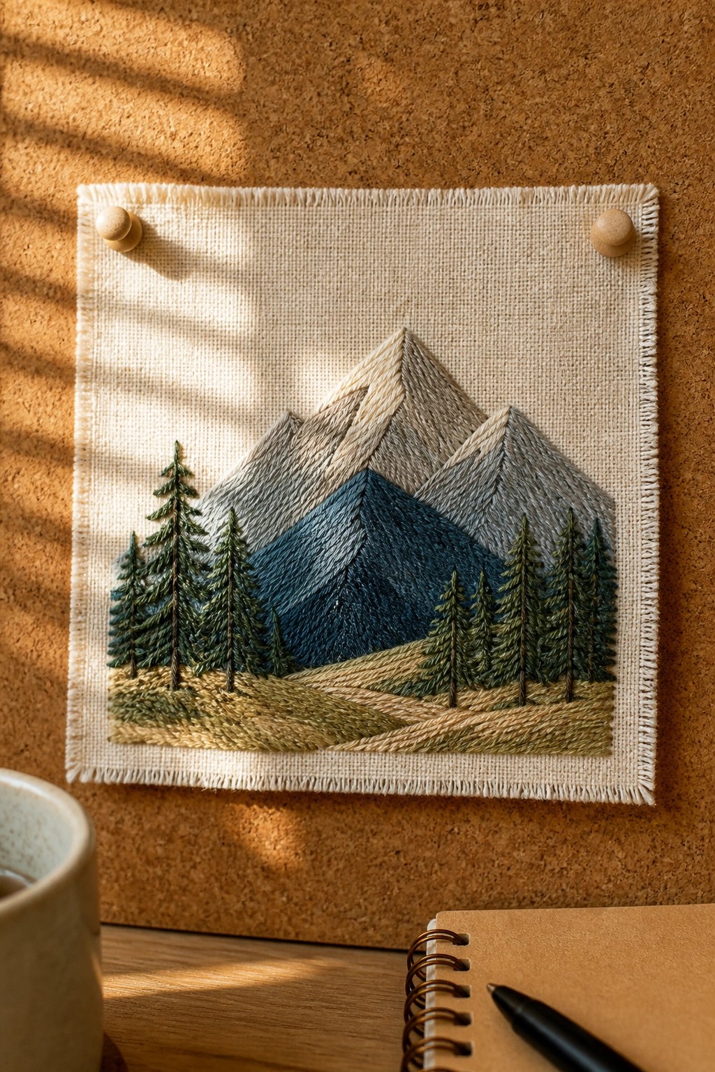 Embroidered mountain peaks and pine trees pinned to corkboard beside notebook and mug.