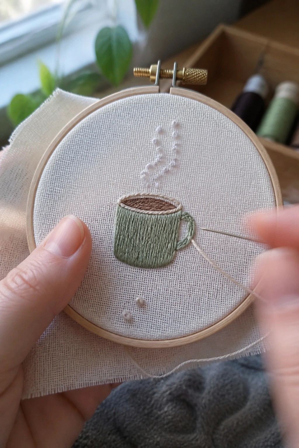 Hands holding embroidery hoop with green stitched coffee cup and steam.