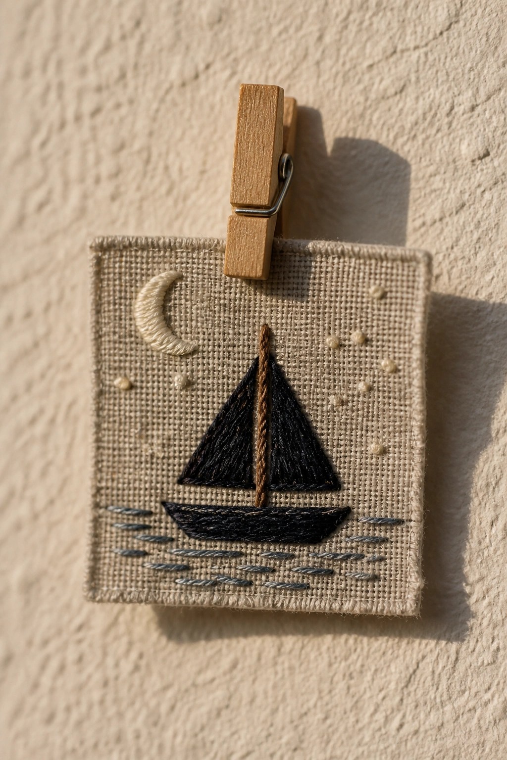 Embroidered sailboat with moon and stars on beige fabric clipped by wooden clothespin