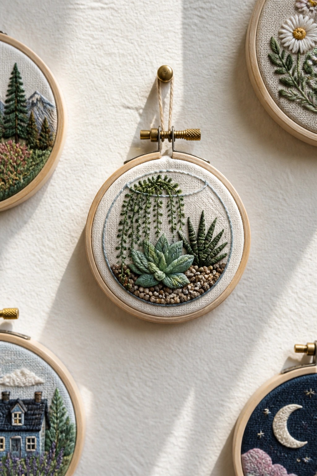 Embroidery hoop with succulents, hanging vines, and pebbles inside a blue stitched circle on white fabric.