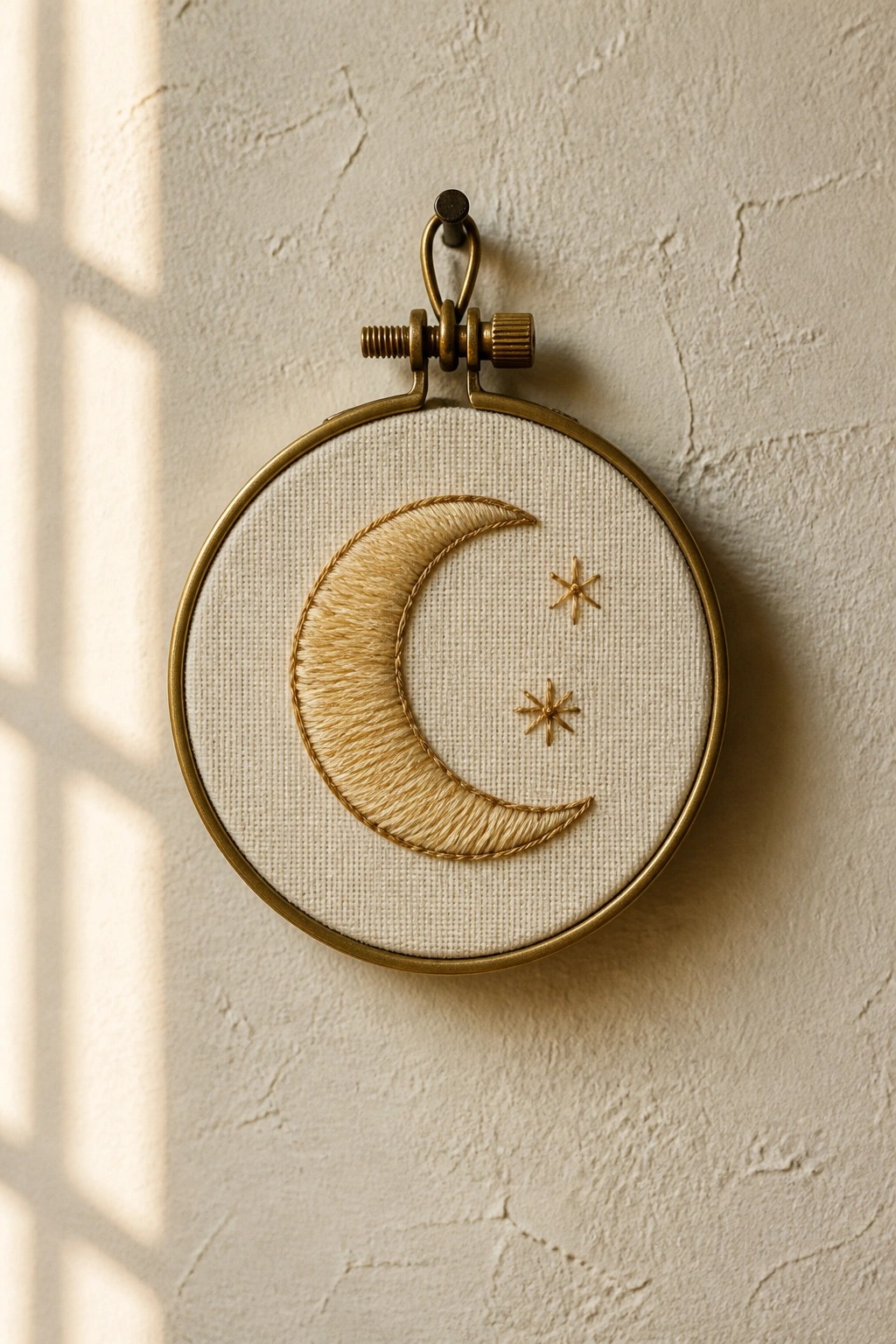 Embroidery hoop with golden crescent moon and stars on white fabric against wall