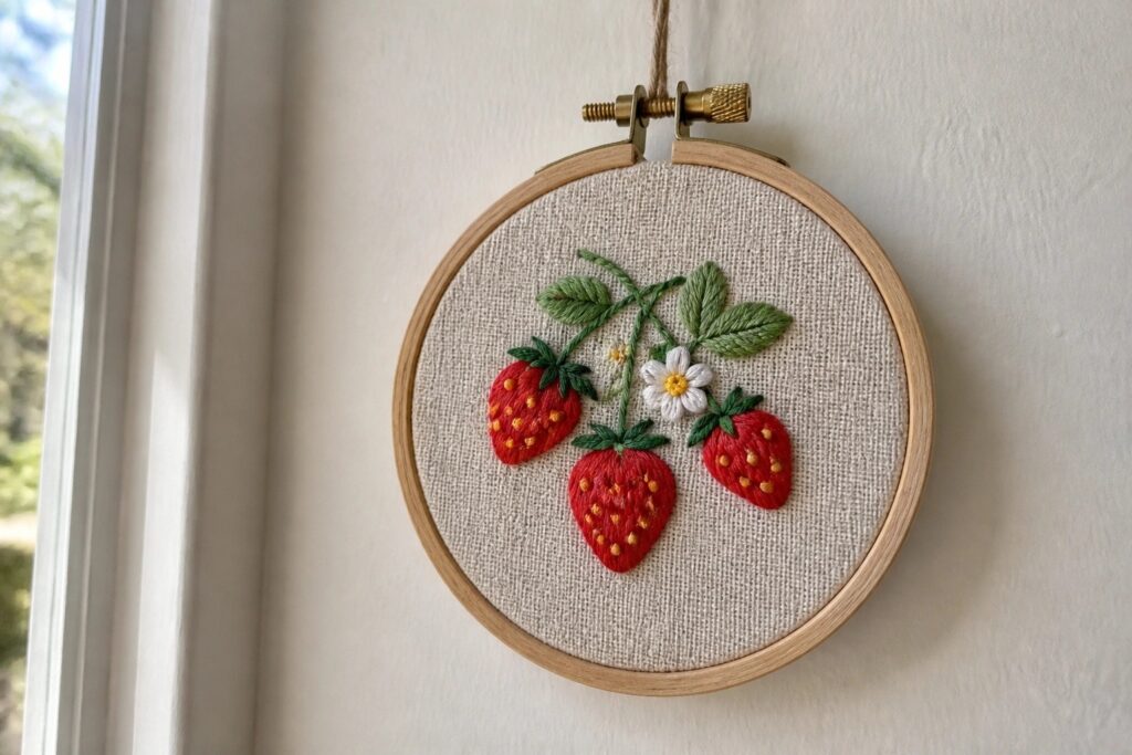 Wooden hoop with embroidered red strawberries, yellow seeds, and green leaves on beige fabric.