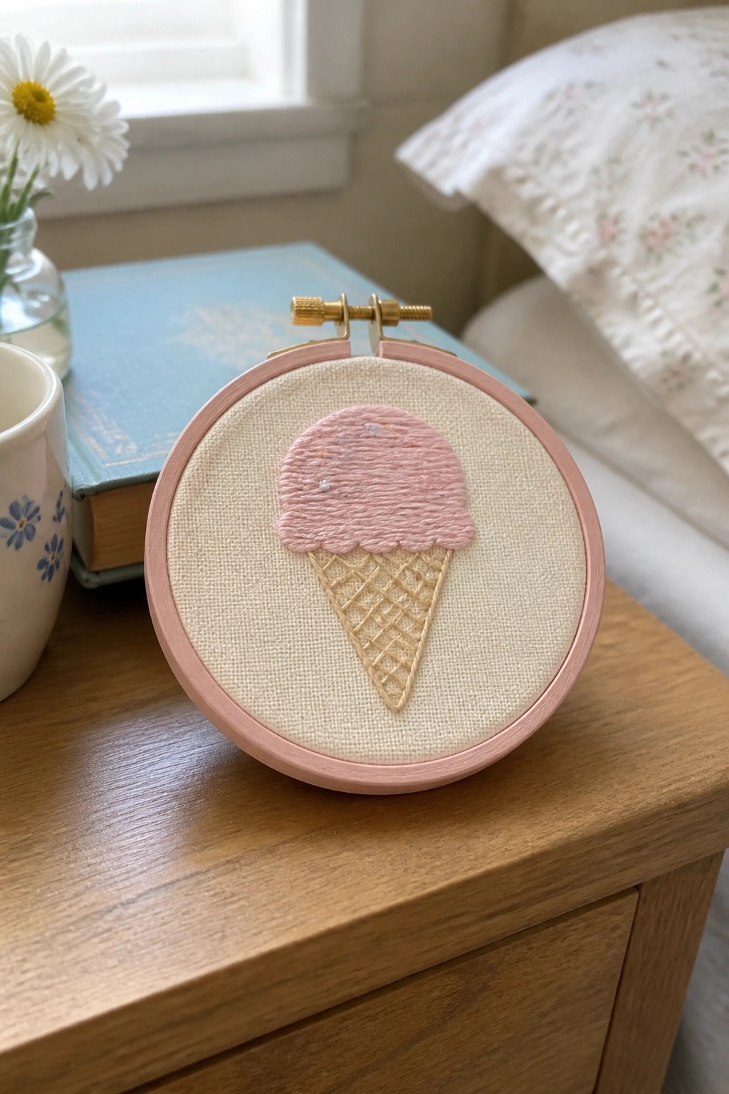 Pink embroidery hoop with ice cream cone on wooden table beside book and daisy.