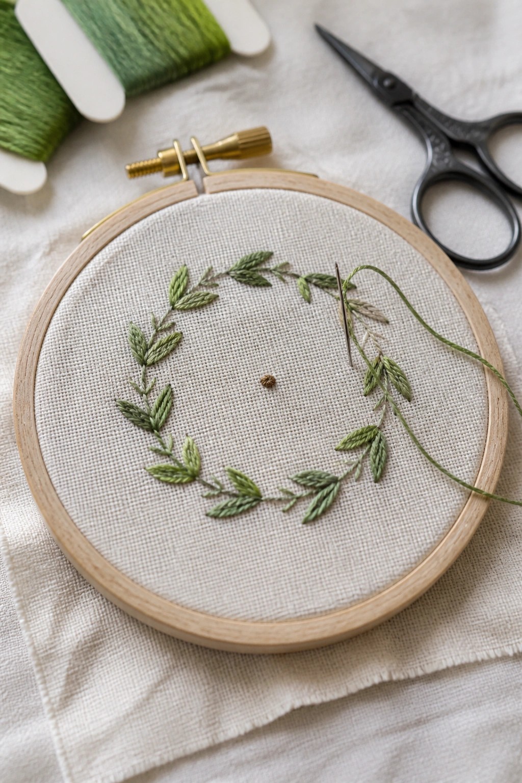Embroidery hoop with partial green leaf wreath, needle, and scissors on white fabric