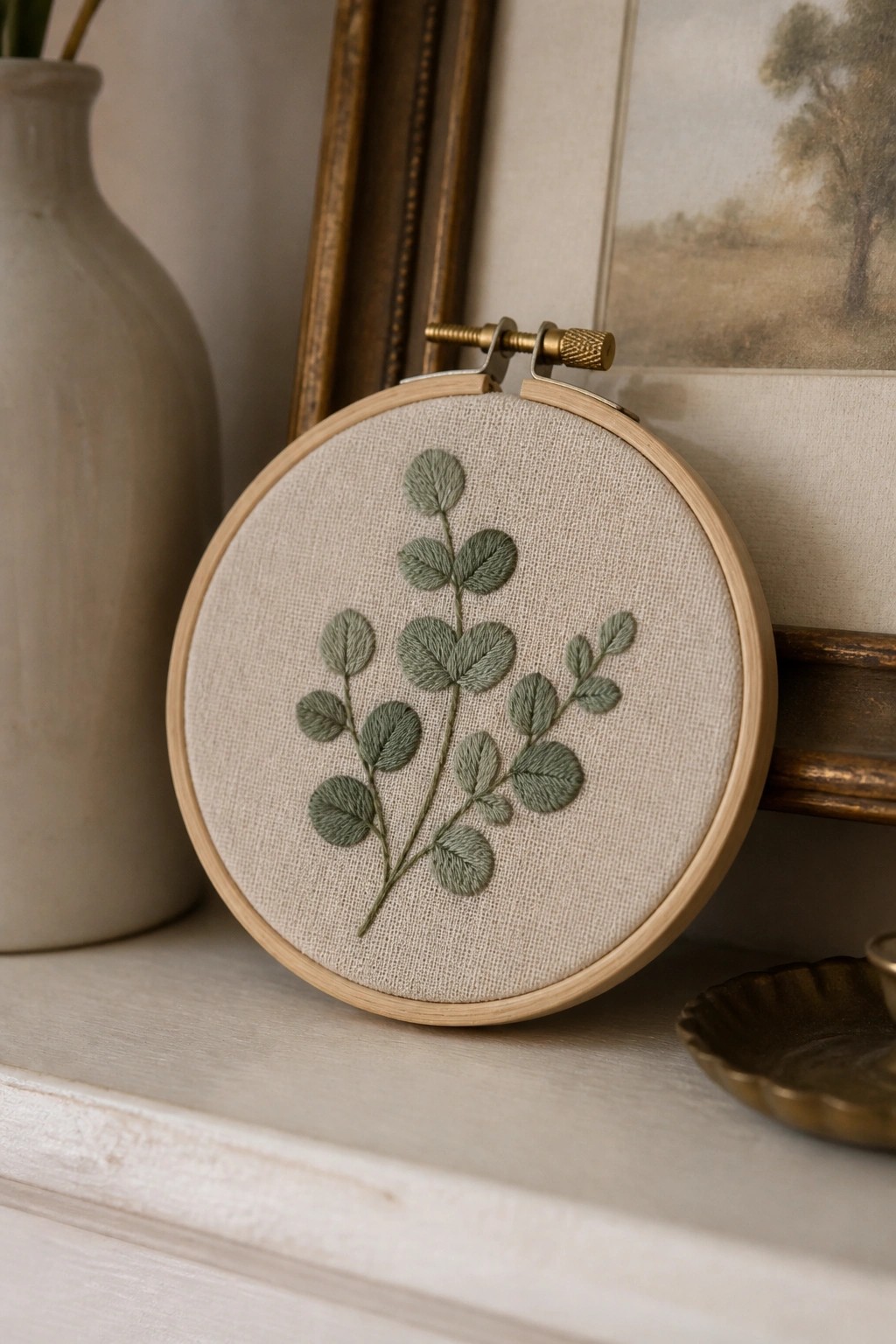 Wooden embroidery hoop with sage green leaf design on beige fabric.