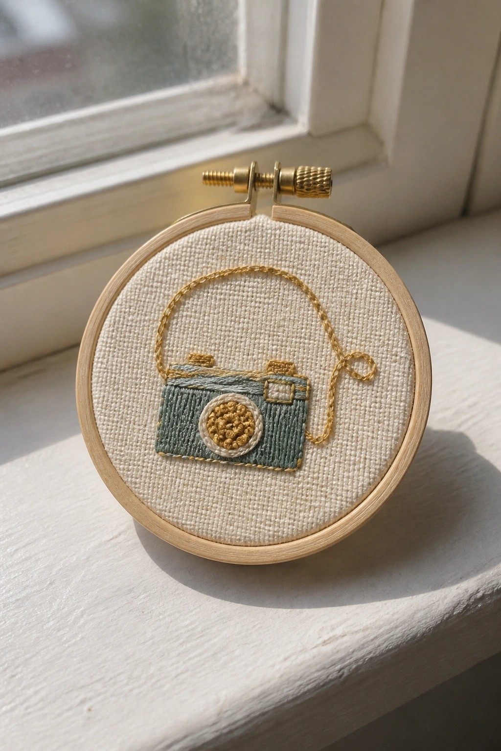 Embroidered teal camera with gold strap in wooden hoop on windowsill.