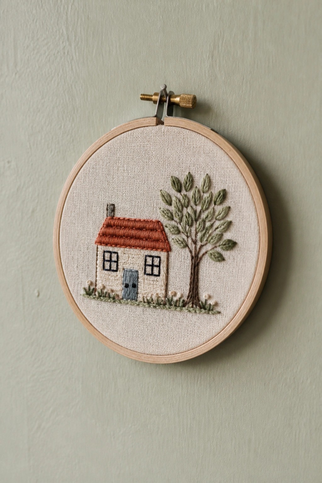 Embroidery hoop with stitched house, red roof, blue door, and leafy tree.