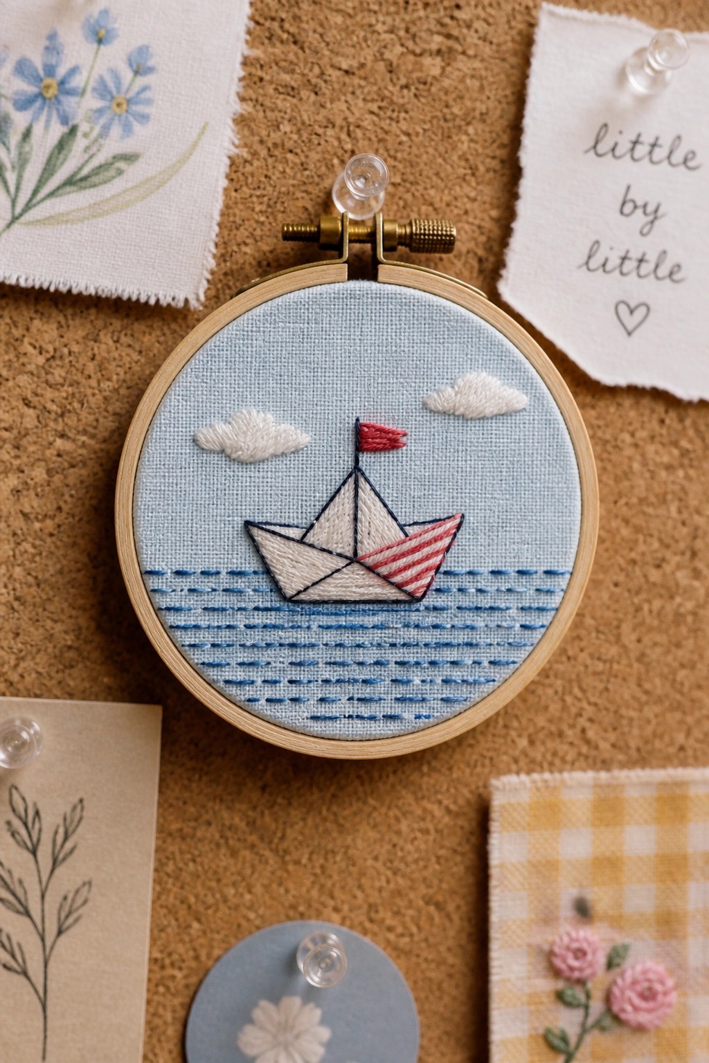 Wooden hoop with embroidered paper boat on blue waves, red flag and clouds